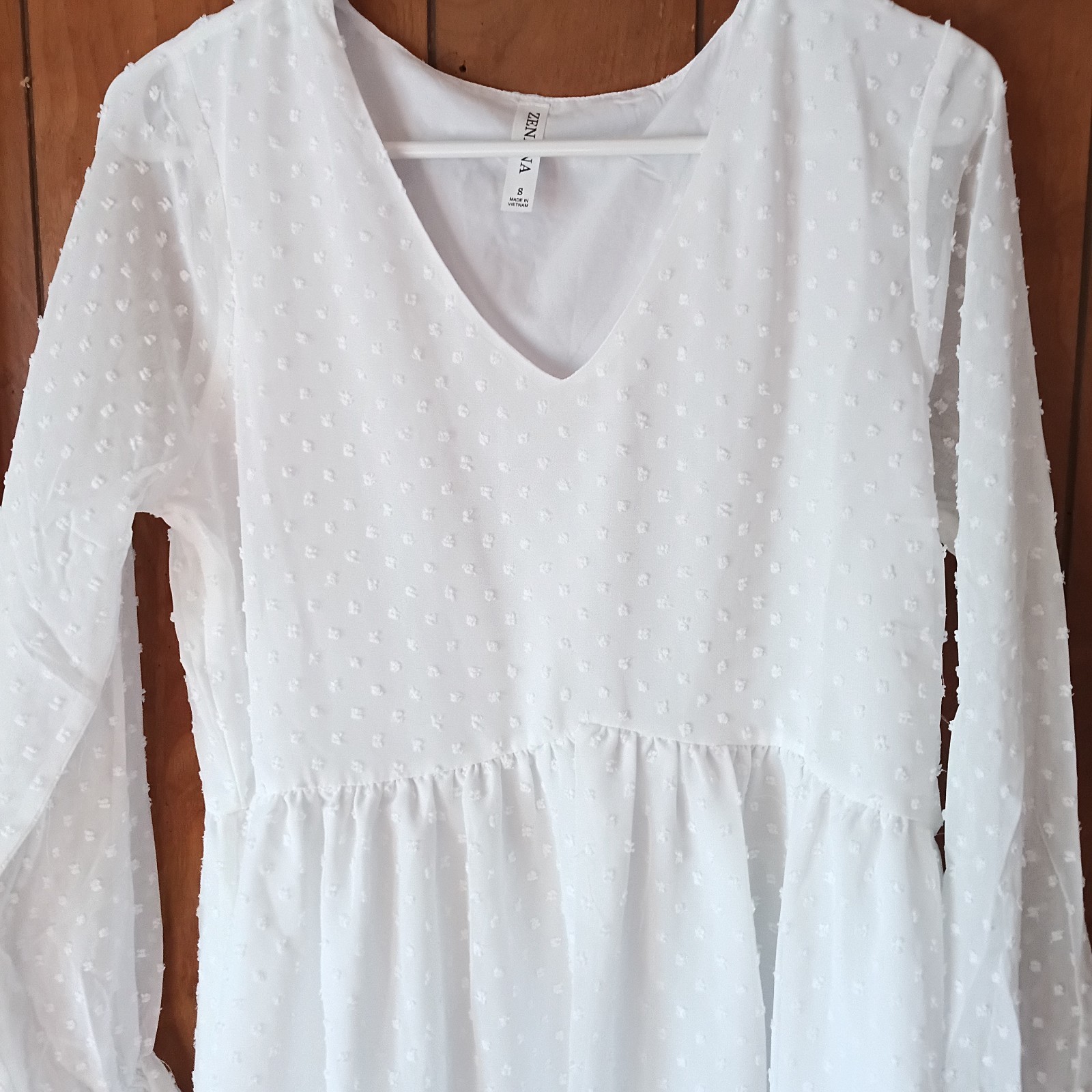 Zenana Womens White Textured Swiss Dot Dress Size S Long Sleeve V-Neck NEW