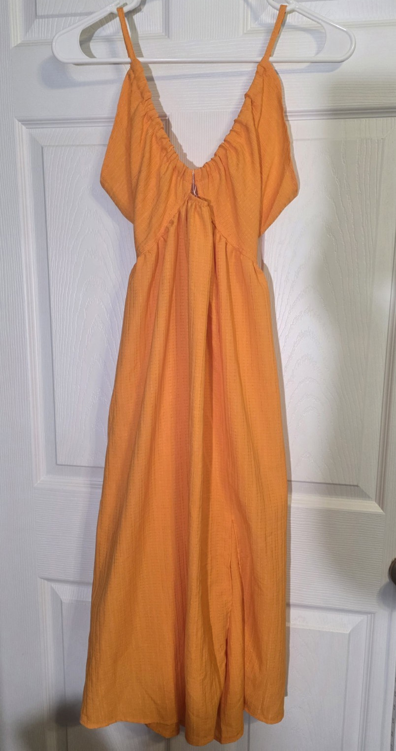 Shein Women’s Orange Solid V-Neck Strappy Cutout Tie Back Maxi Dress, M