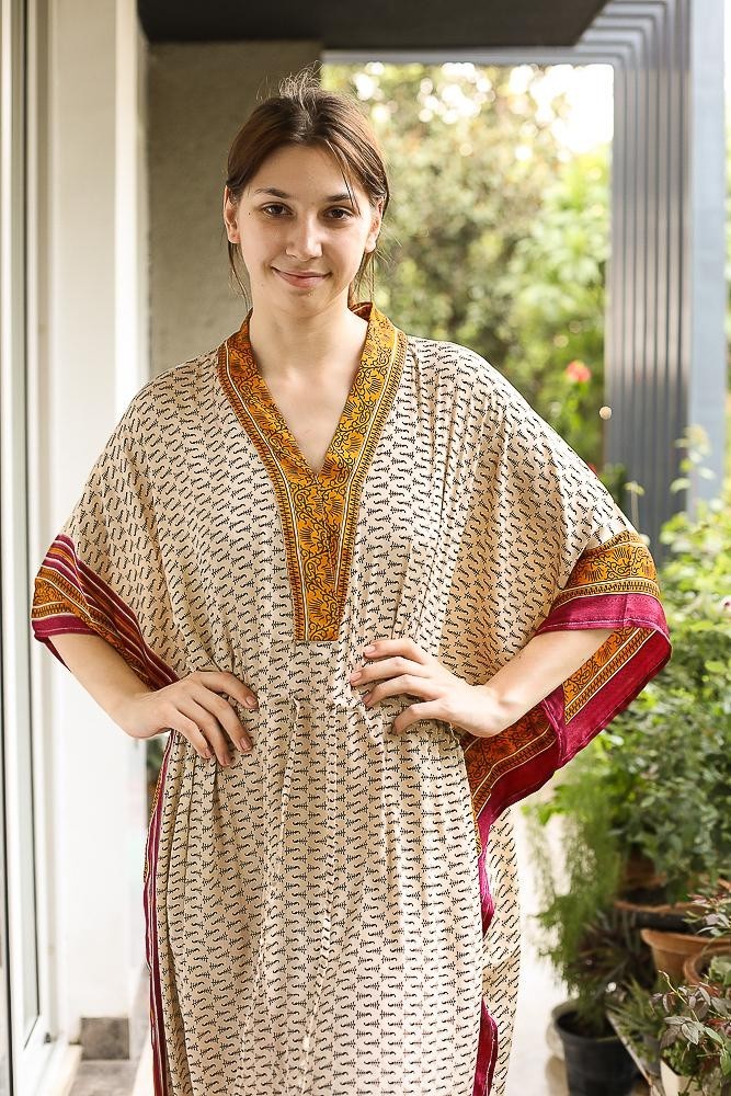 Silk Beige Kaftan / Handmade Flowy Maxi Dress / Resort Wear Outfit PS MFN1059