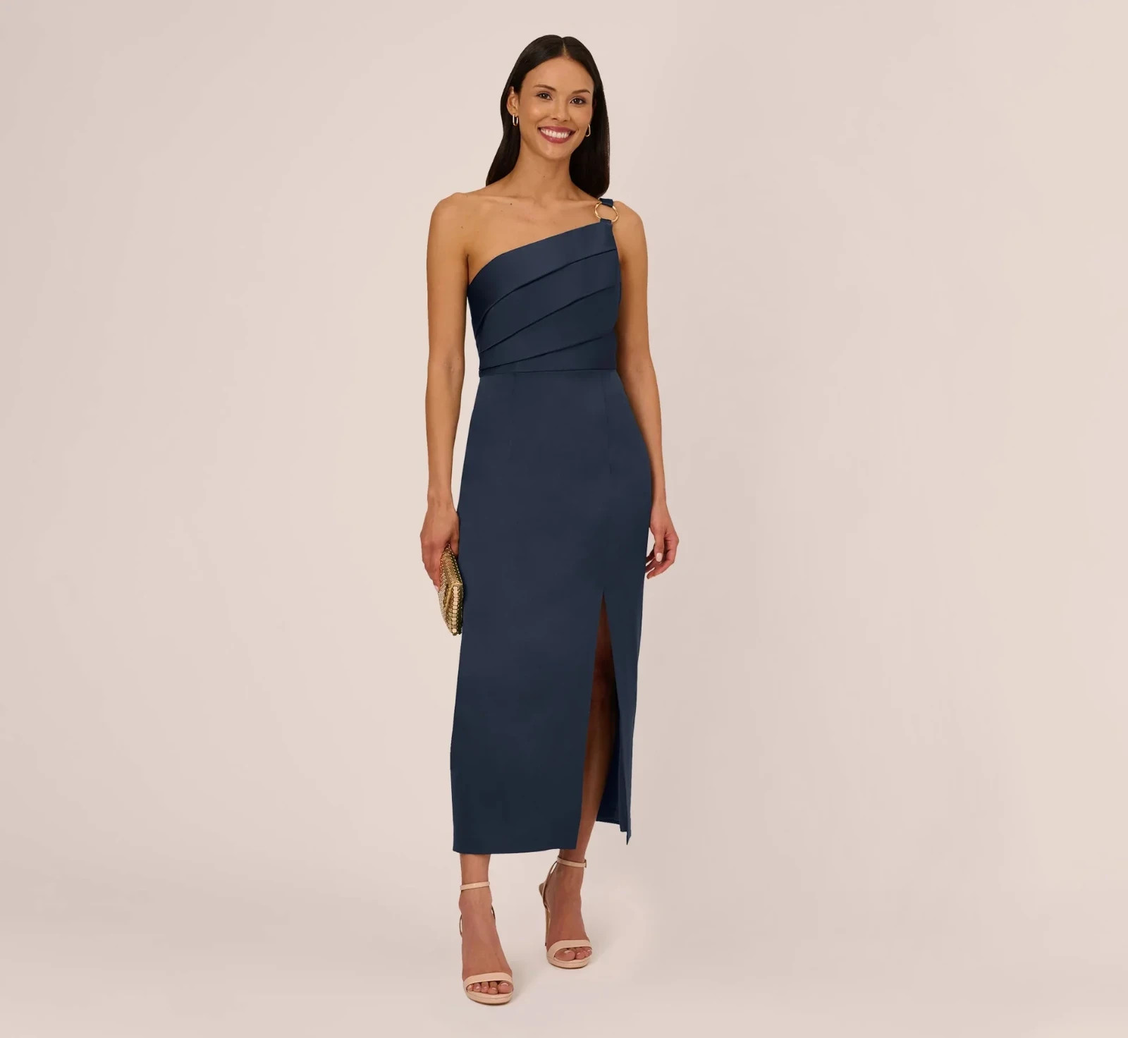 Adrianna Papell Dark Navy Blue Pleat One-Shoulder Cocktail Dress Size 10 $199