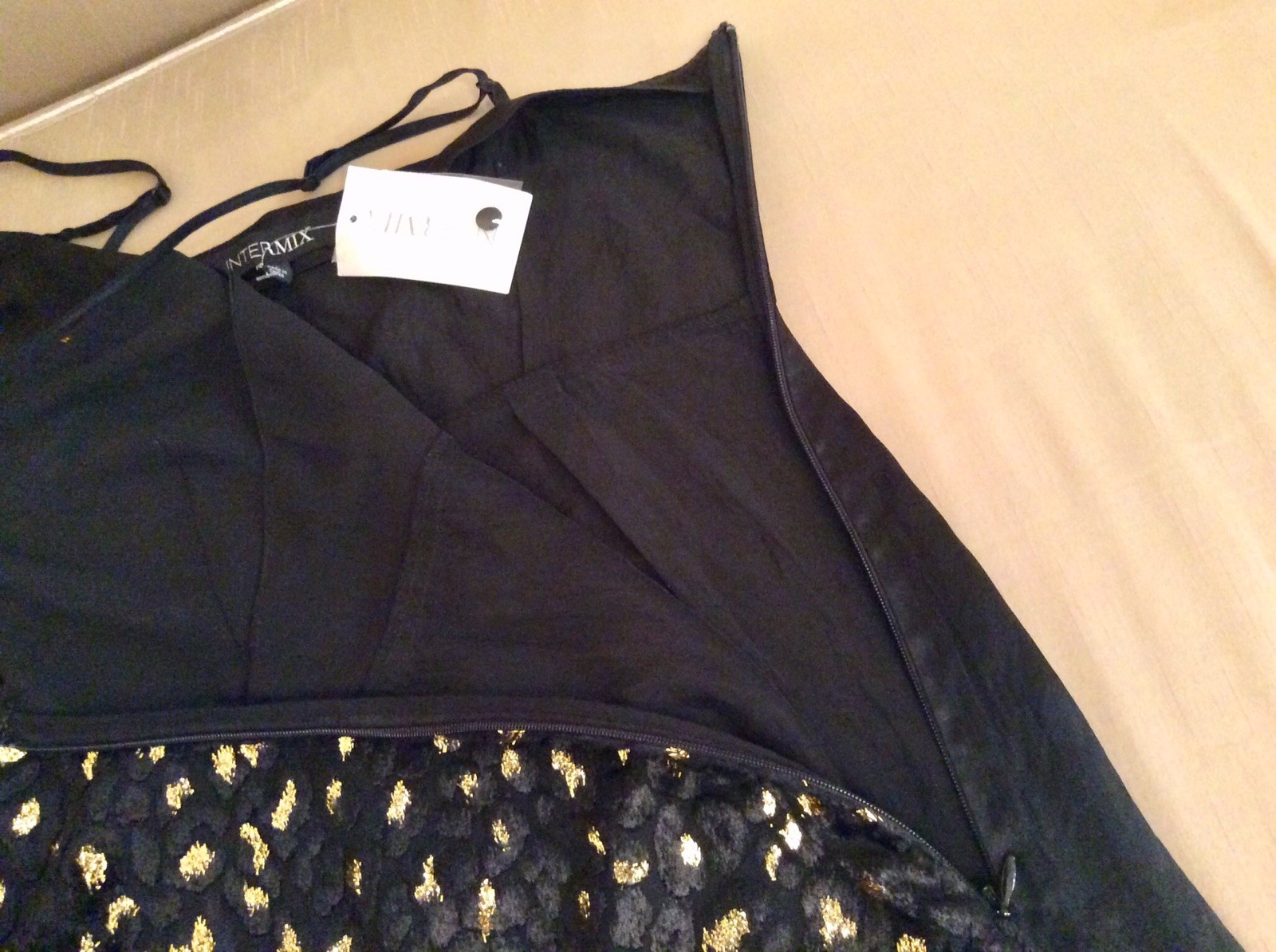 INTERMIX Ava Slip Velvet Black/Gold Leopard Print Midi Slip Dress with Slit Sz.0