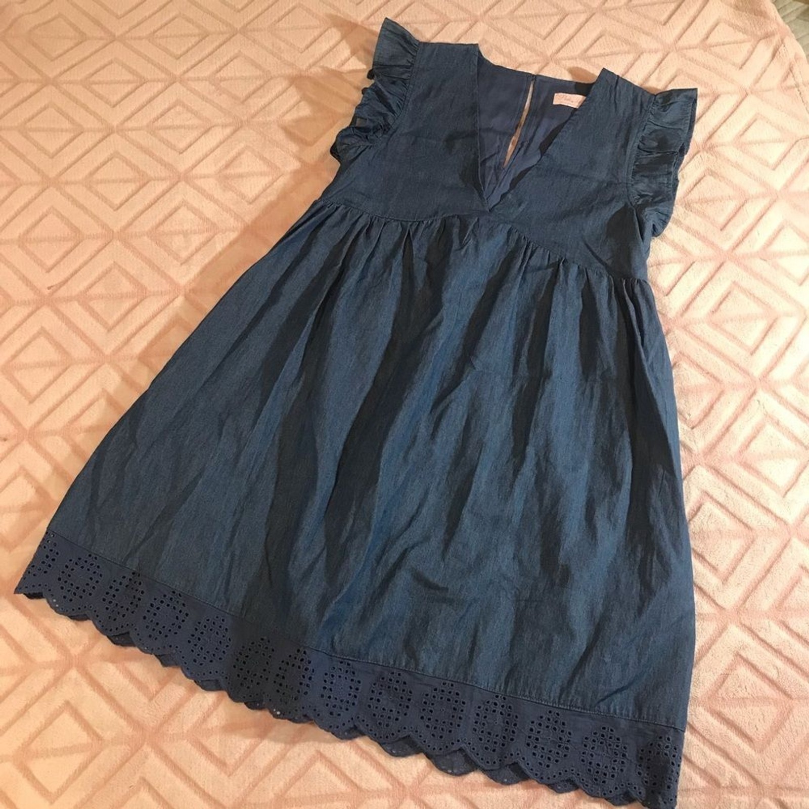 Pink Lily Blue Eyelet Romper Shirt Dress Ruffle Sleeves Womens Small VTG P1186