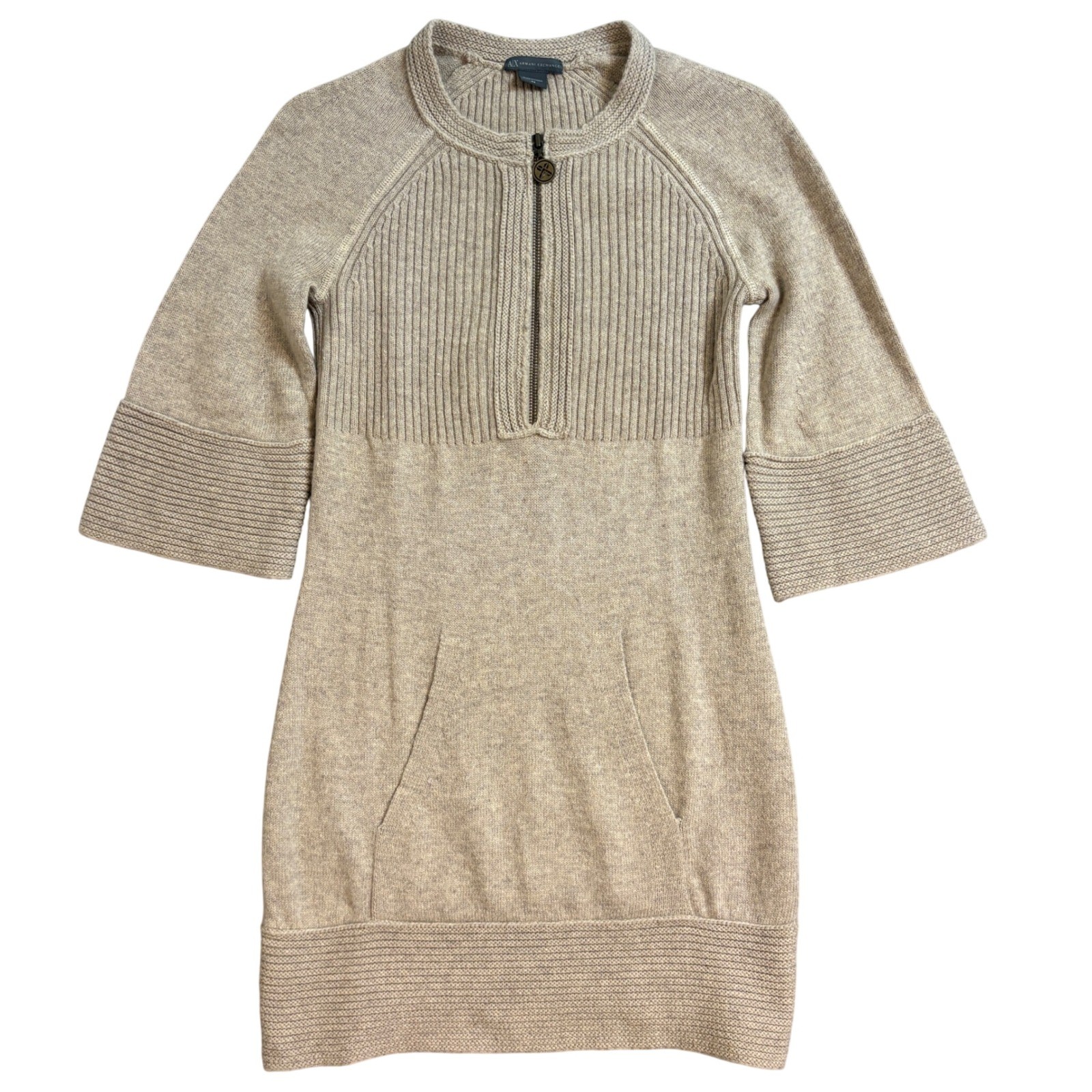 Armani Exchange Wool Cashmere Blend Quarter Zip Sweater Dress Beige Womens XS
