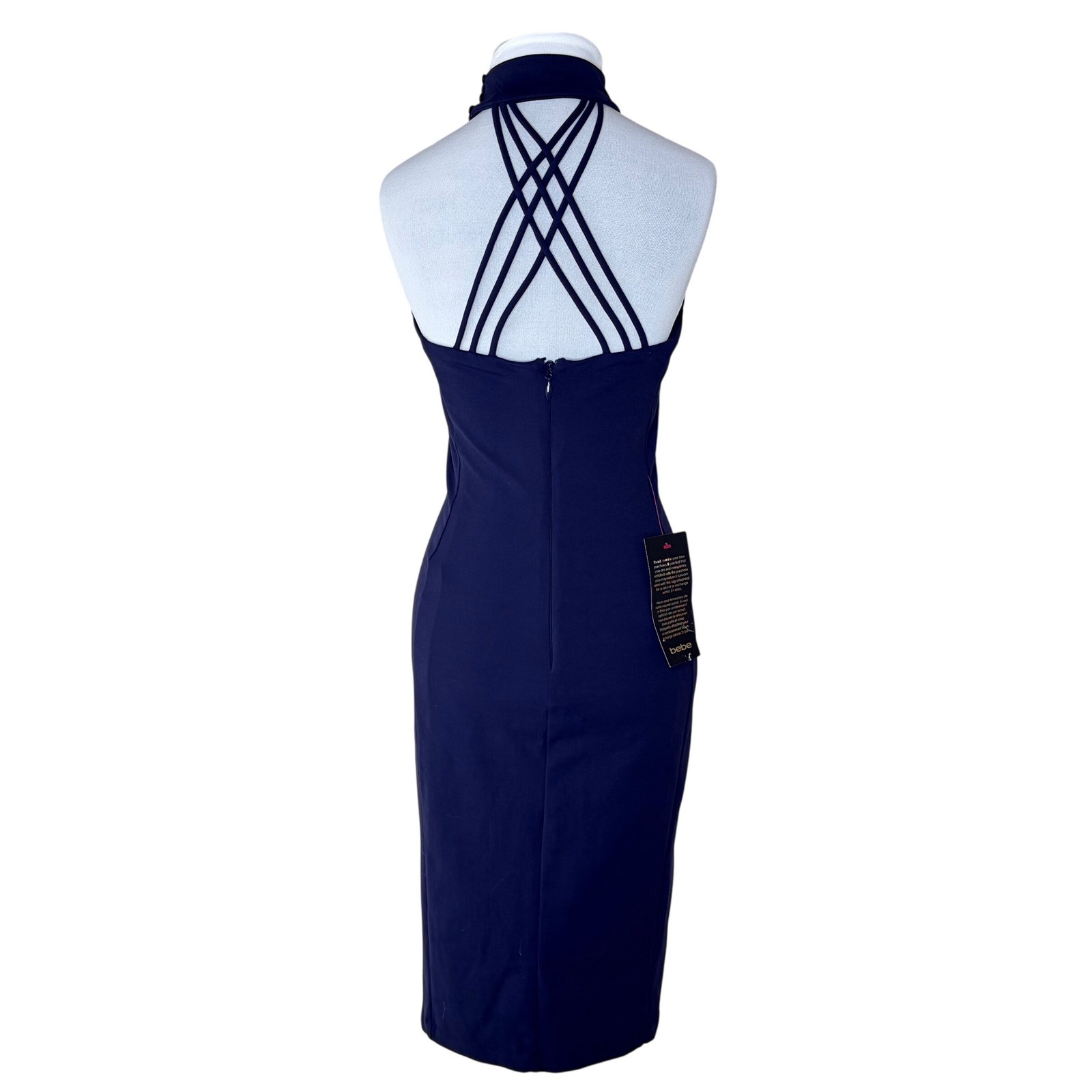 bebe Midi Dress Womens Medium Mock Neck Strappy Back Navy Blue Bodycon Formal