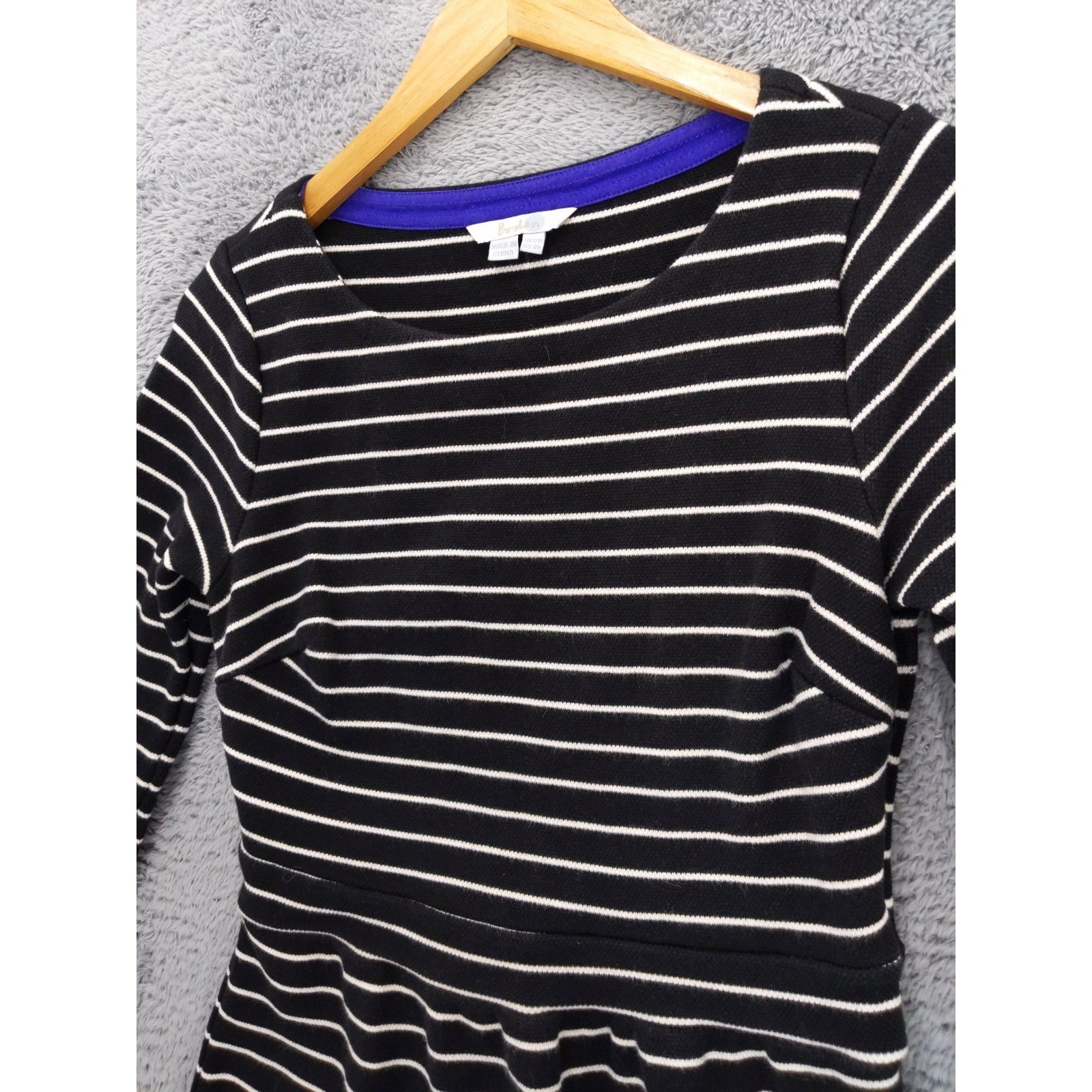 Boden Black White Stripe 3/4 Sleeve Fit Flare Dress US 8R