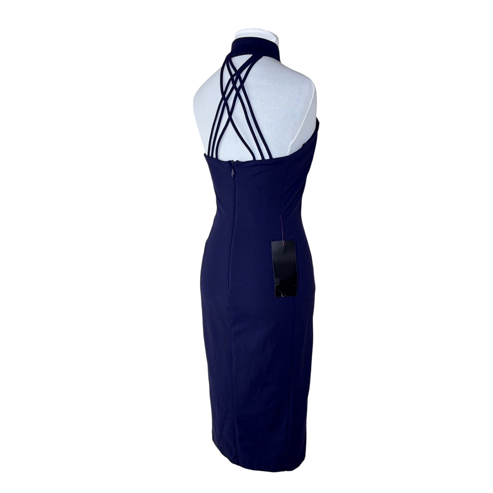 bebe Midi Dress Womens Medium Mock Neck Strappy Back Navy Blue Bodycon Formal