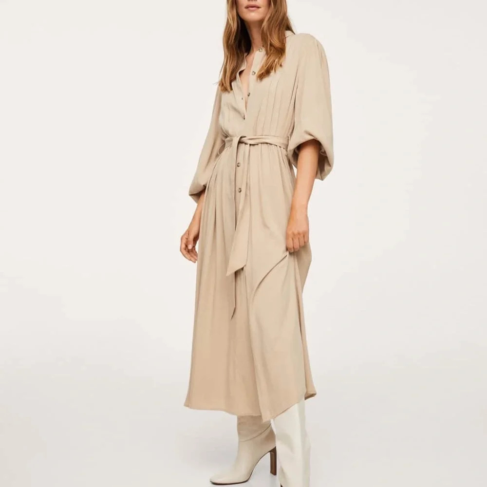 Mango – Beige button down long sleeve pleated tie-waist midi dress – Size 4