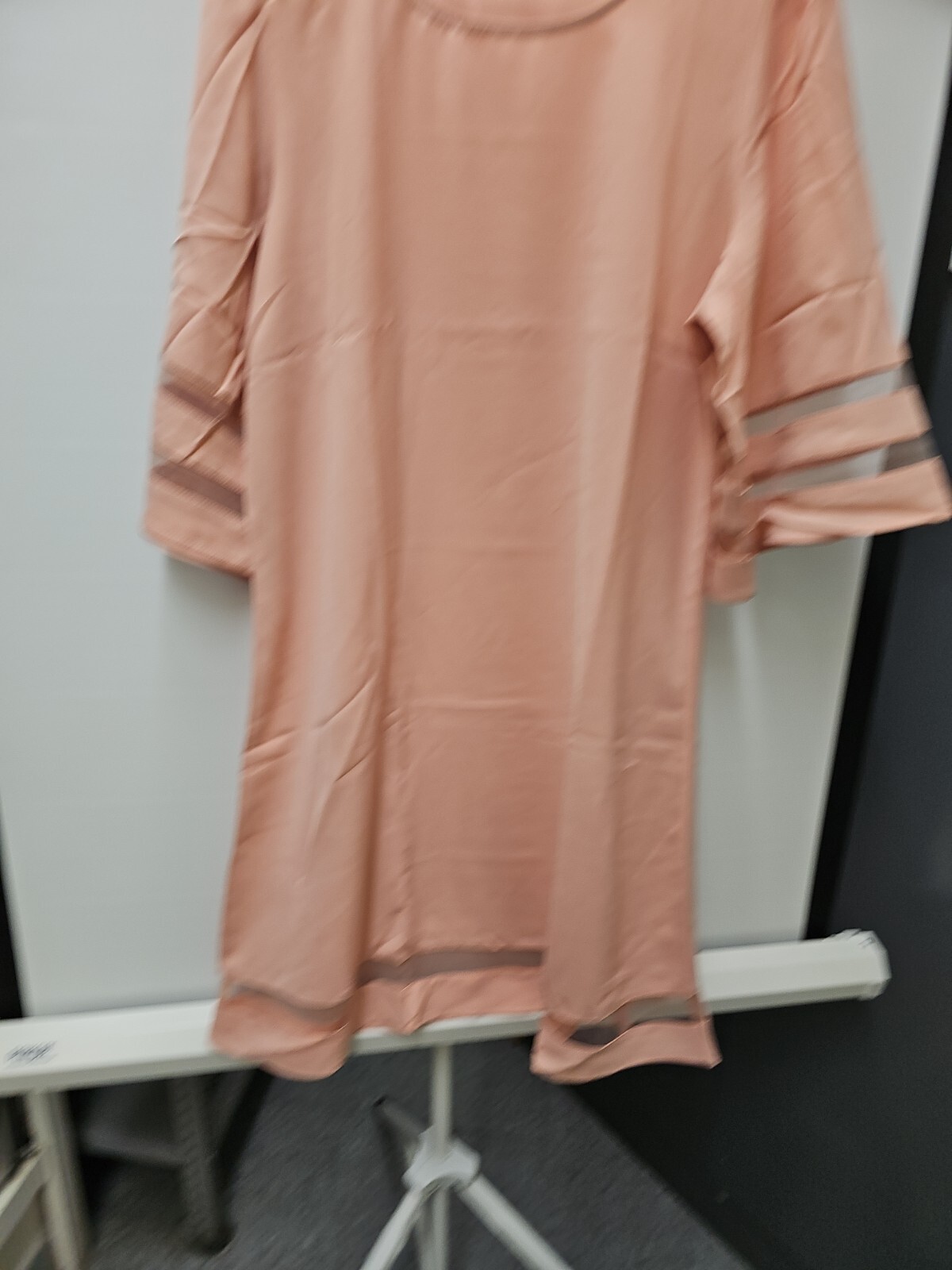 Women Casual Crewneck Mesh Panel 3/4 Bell Sleeve Loose Tunic Dress Large Pinkish