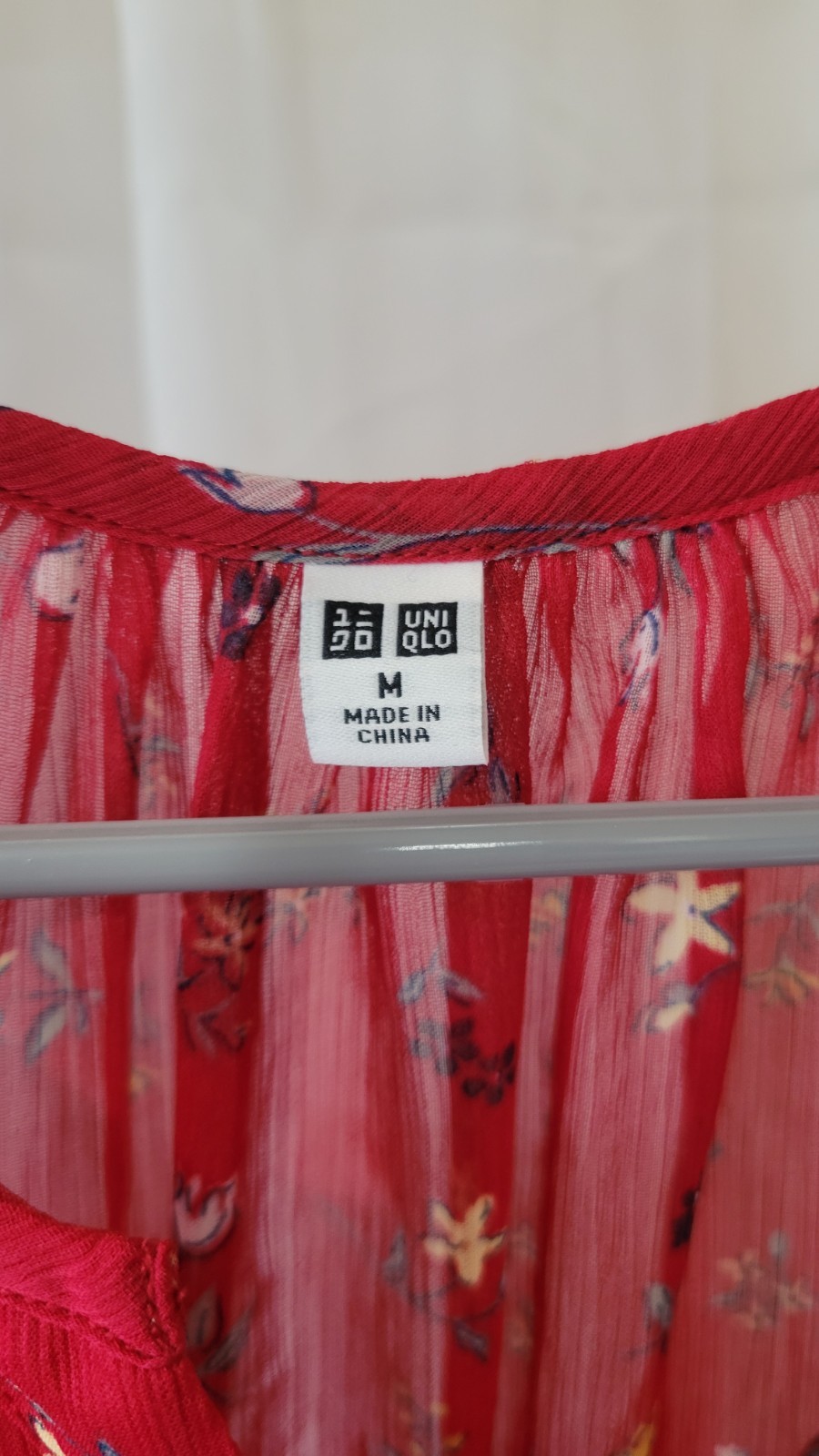 Uniqlo Sheer Women Drawstring Waist Button Down Red Floral Boho Midi Dress, sz M