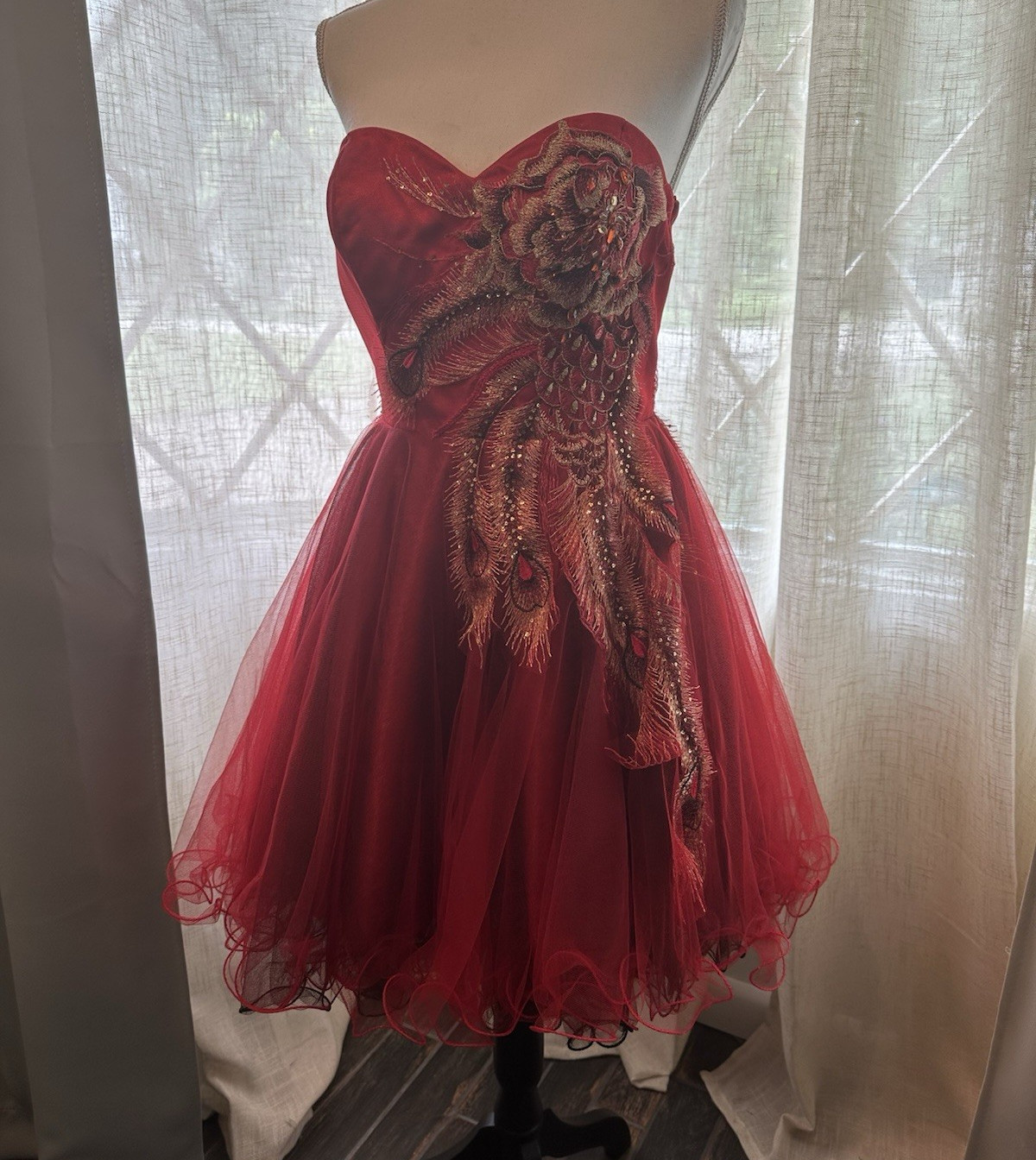 Red Strapless Tulle Dress Beaded Floral Appliqué Flare Dress M
