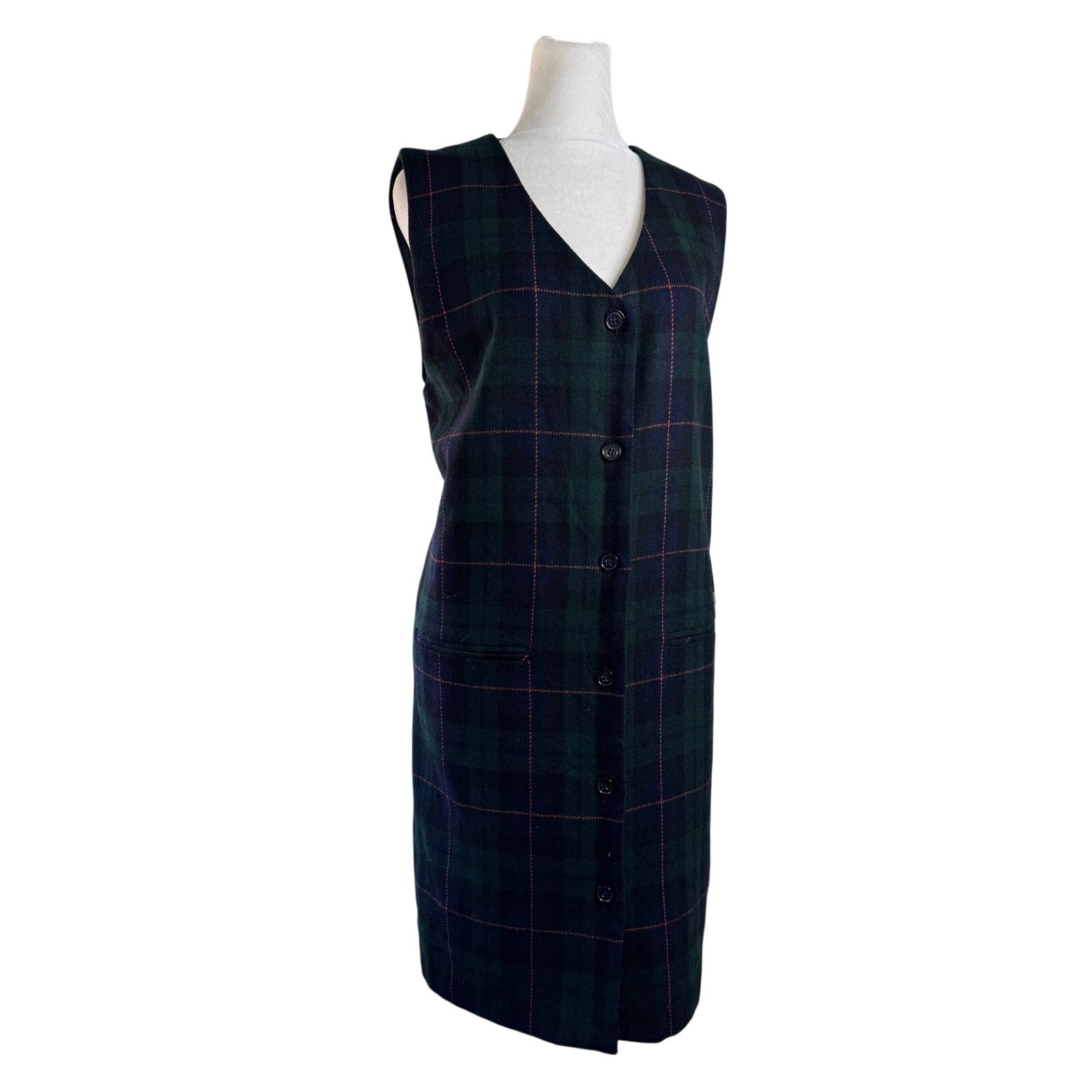 NWT Vintage Y2K Sag Harbor Navy & Green Plaid Wool V-Neck Sleeveless Midi Dress