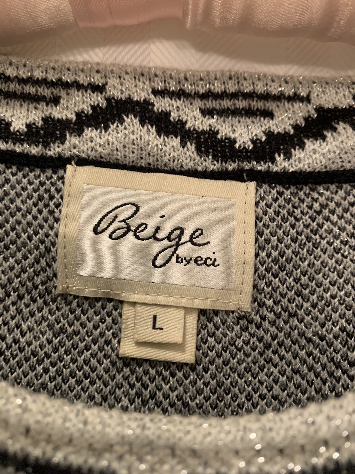 Beige By ECI Black And White Geometric Sparkle Holiday Sweater Dress Sz Large