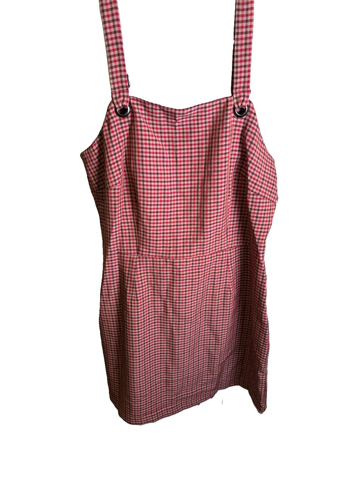 Kingston Grey Red Brown Gingham Pinafore Mini Dress Square Neck XL Strappy