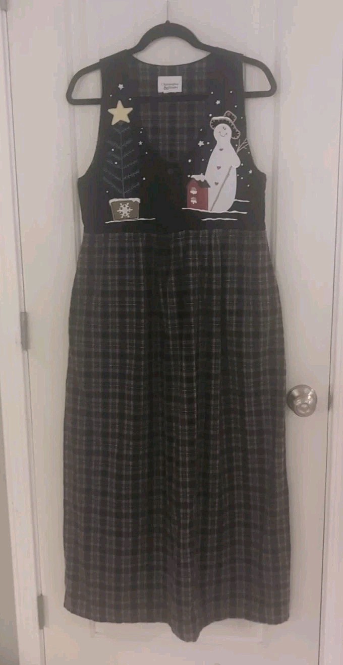 VTG Christopher & Banks Women’s Plaid Snowman Christmas Tree Long Modest Dress
