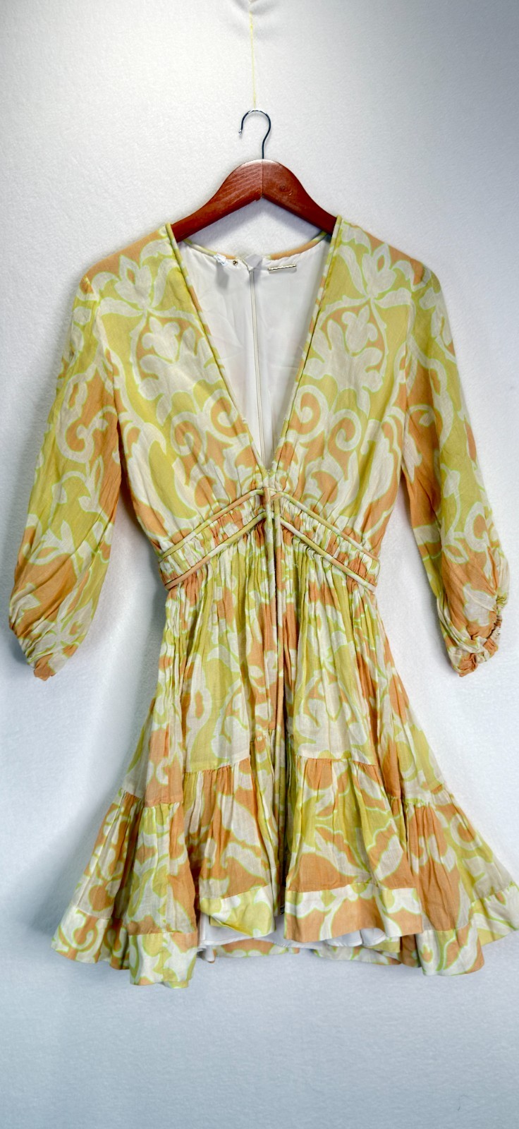 ALEXIS Capri Short Mini Dress Yellow Abstract Print 3/4 Sleeve, Size S