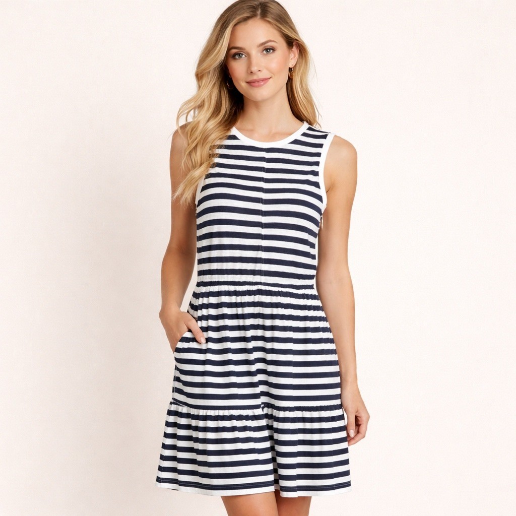 Caslon XXS Navy White Striped Tiered Knit Dress Sleeveless NWT Casual Coastal