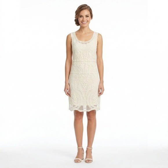 Express Ivory Lace Overlay Sleeveless Dress XS Embroidered Scalloped Hem Boho