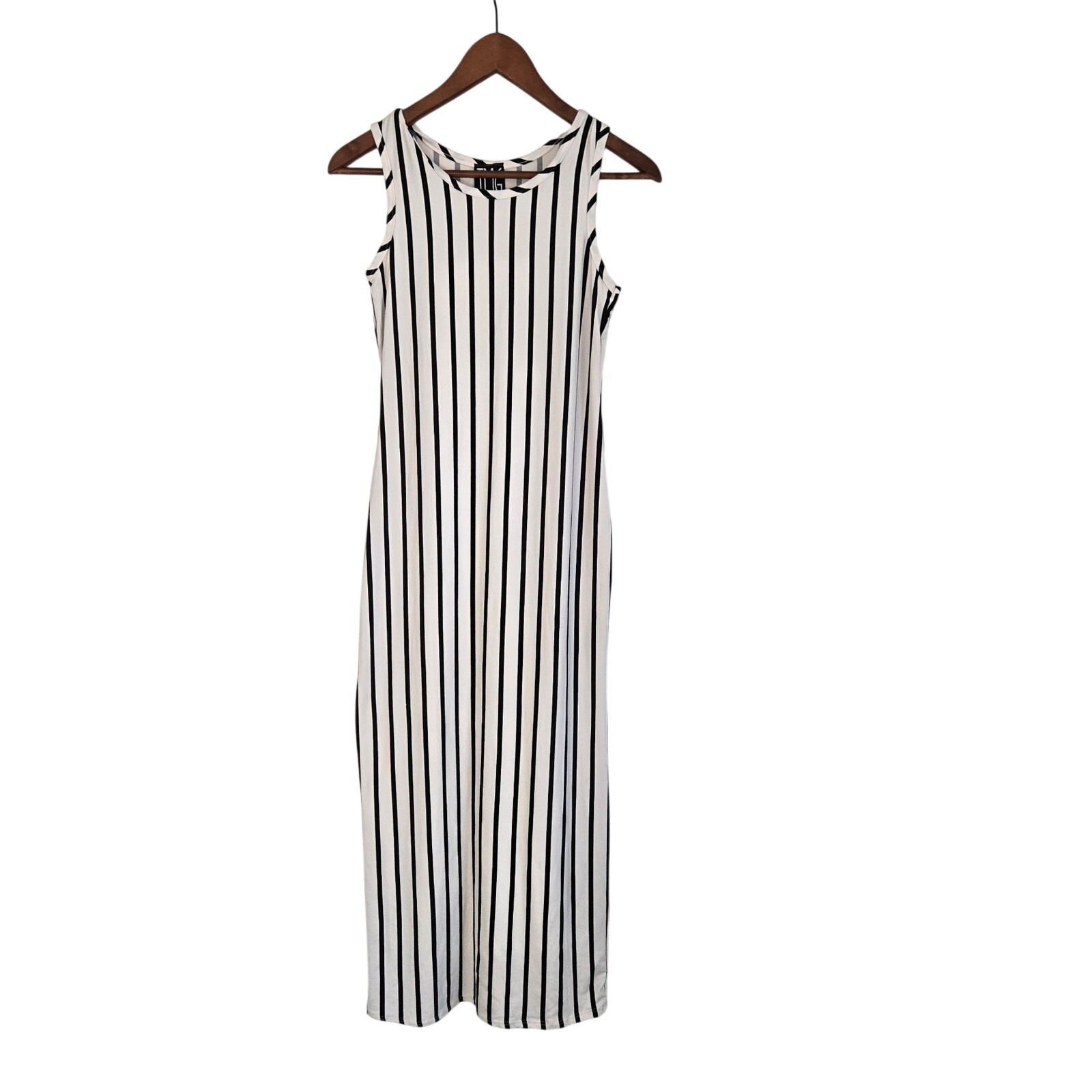 Sleeveless Black & White Vertical Stripe Column Maxi Dress Mod Minimalist Size S
