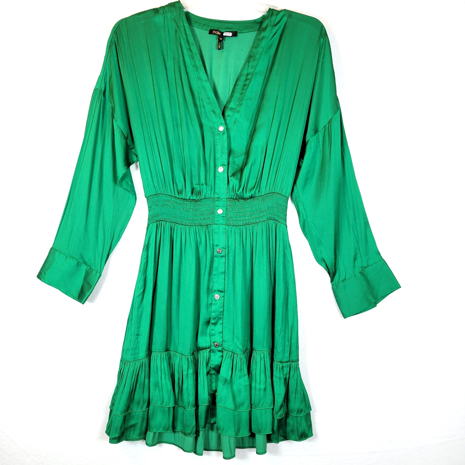 Maje Womens Rumia Satin Tiered Short Button Dress Size 38 Green Christmas Party
