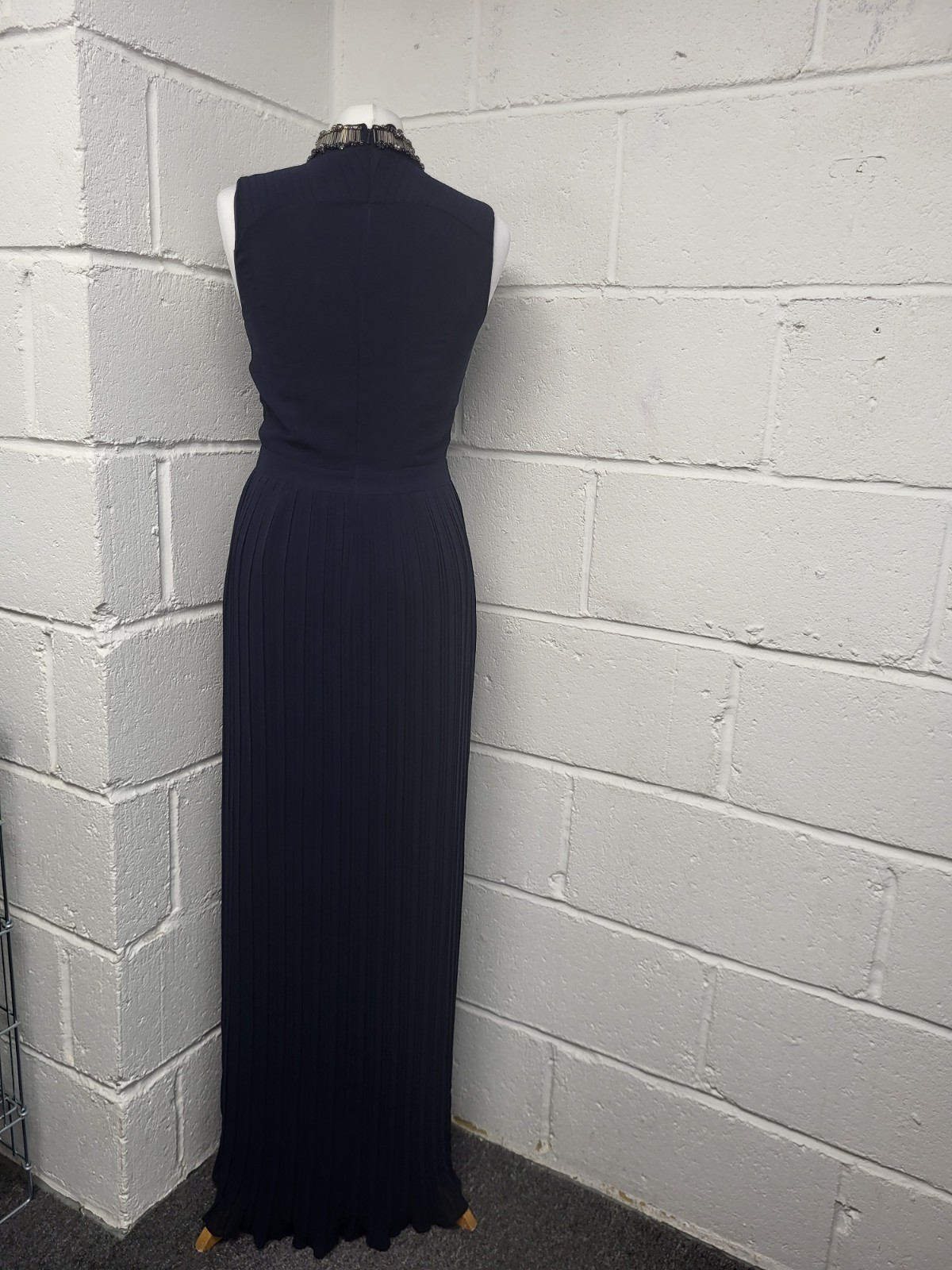 Spotlight Warehouse Navy Blue Embellished Neckline Pleated Maxi Dress Size 8. PT