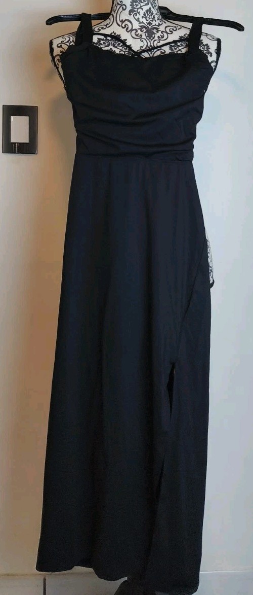 Halara Women’s M Black Maxi Dress Adjustable Straps Side Slit Drawstring Waist