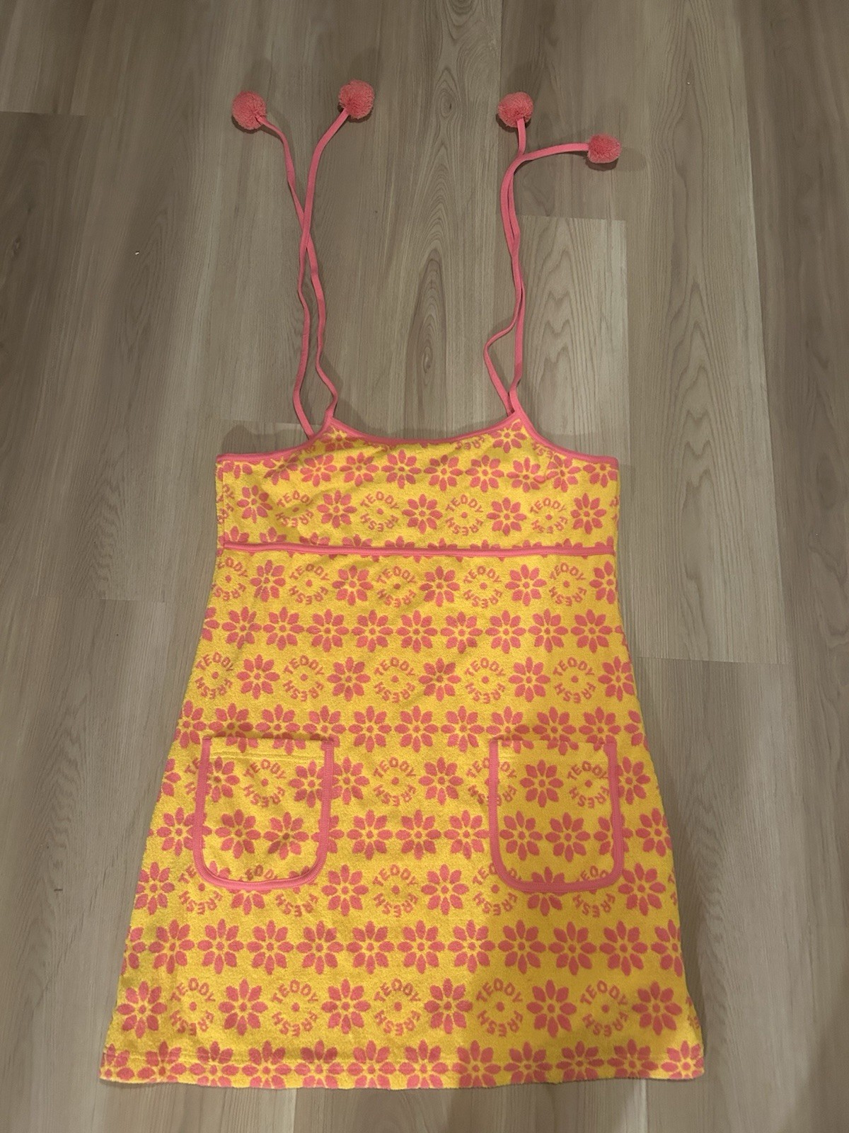 Teddy Fresh Floral Jacquard Terry Cloth Mini Dress XL Yellow Pink Pom Strap