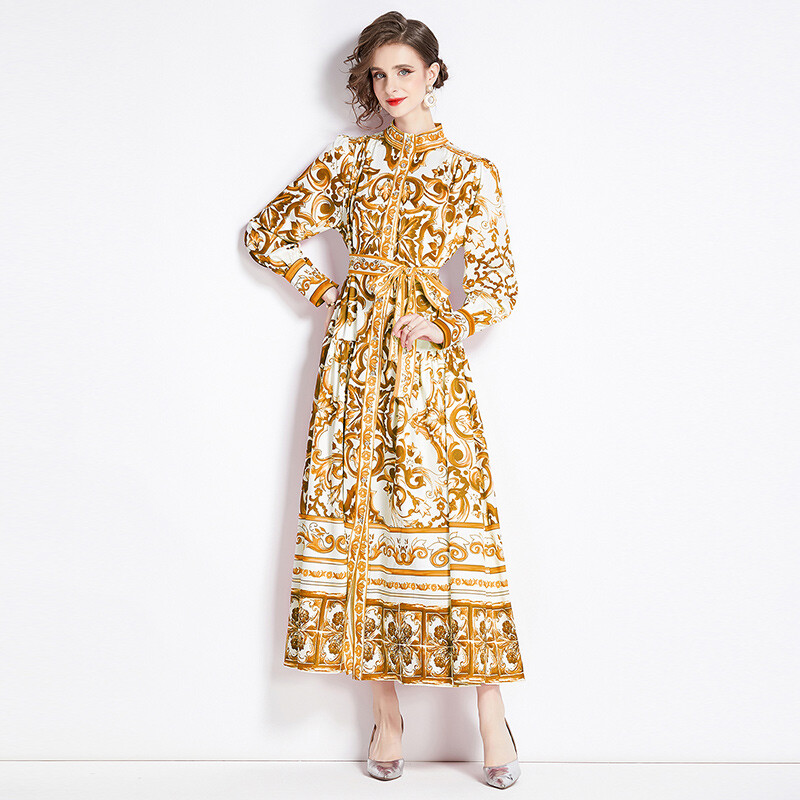 Spring Fall Vintage Baroque Floral Print Mock Neck Belt Women Casual Shirt Dress