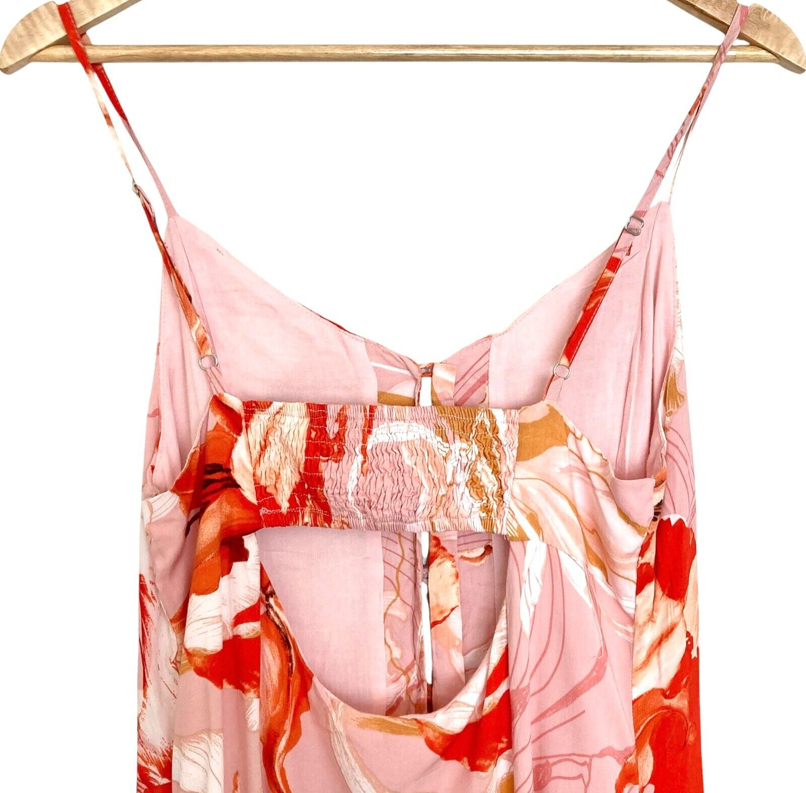ABEL THE LABEL Lola Flower Bomb Midi Dress Sz M Flounced Hi Low Cutout Back Pink