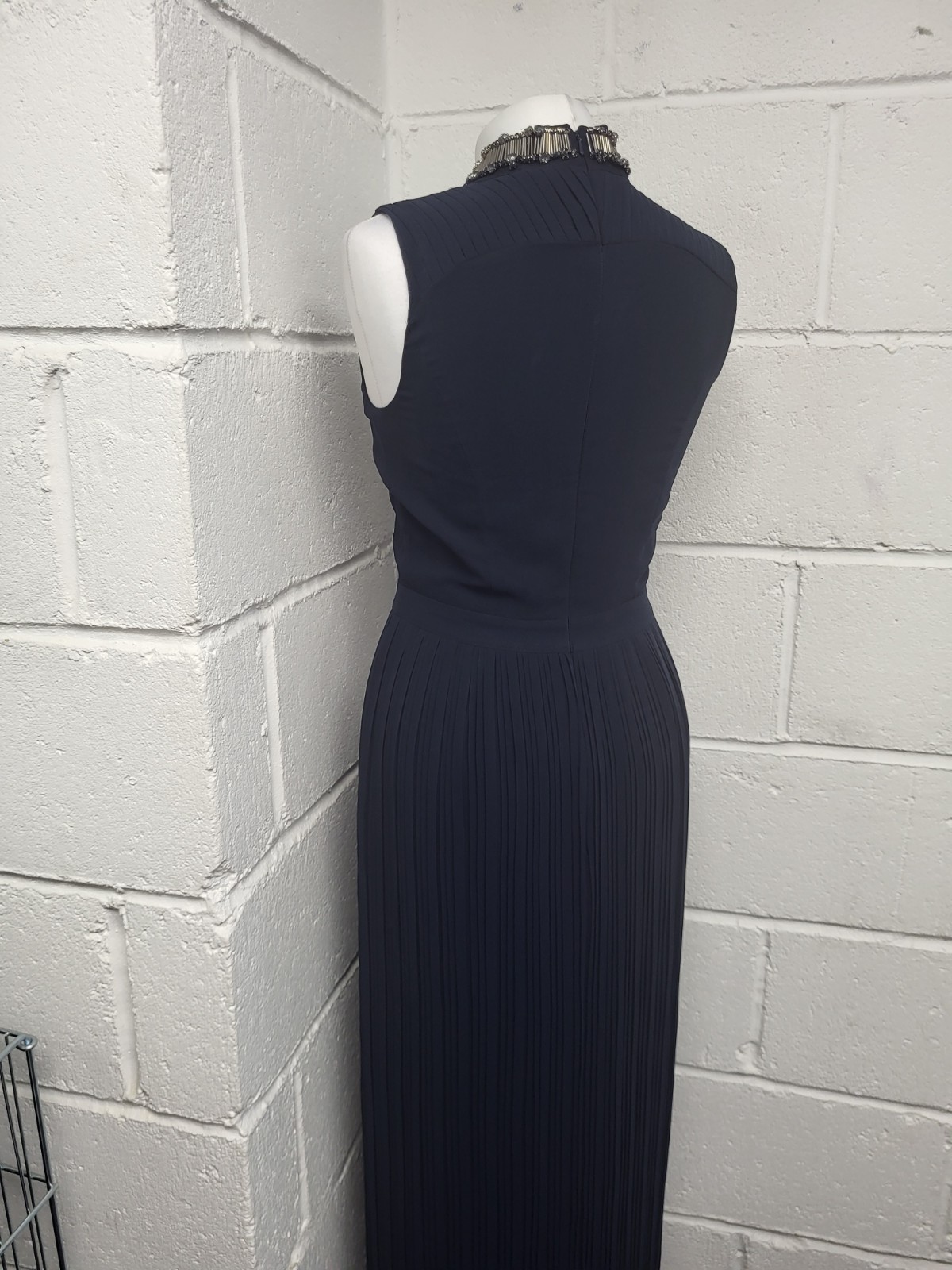 Spotlight Warehouse Navy Blue Embellished Neckline Pleated Maxi Dress Size 8. PT