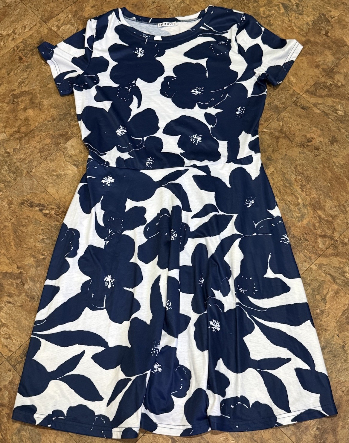 HUHOT XL Blue White Floral Midi Dress Stretch Short Sleeve Casual