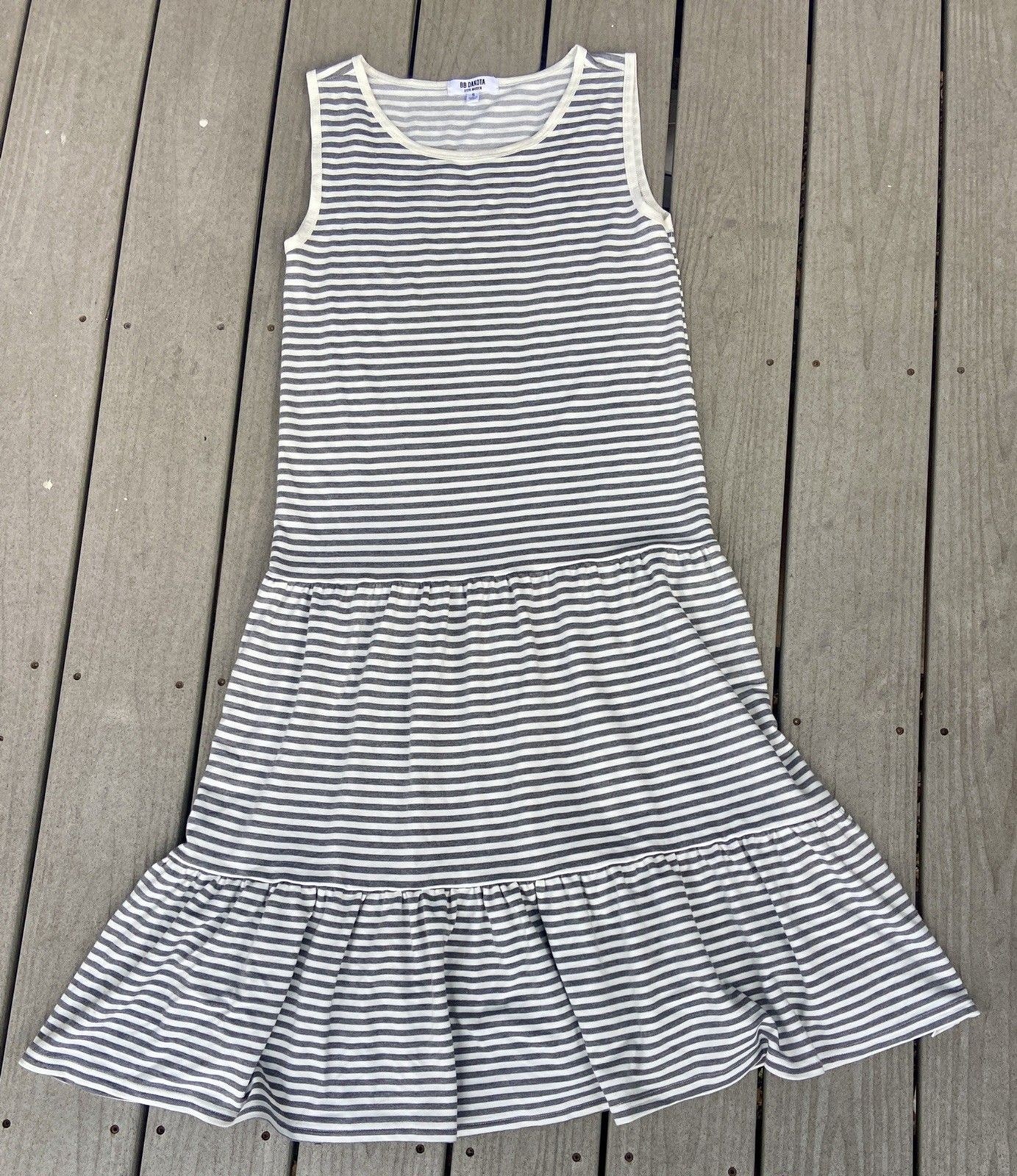 BB Dakota Grey White Stripe Drop Waist Ruffle Hem Dress Women’s S Casual Smart