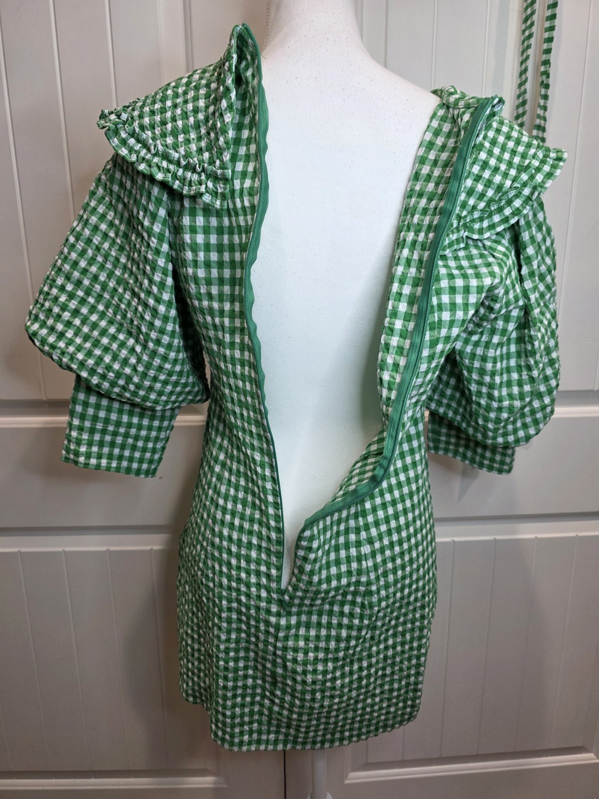 Reserved Green Gingham Seersucker Mini Dress Peter Pan Collar Belted EU40 UK12