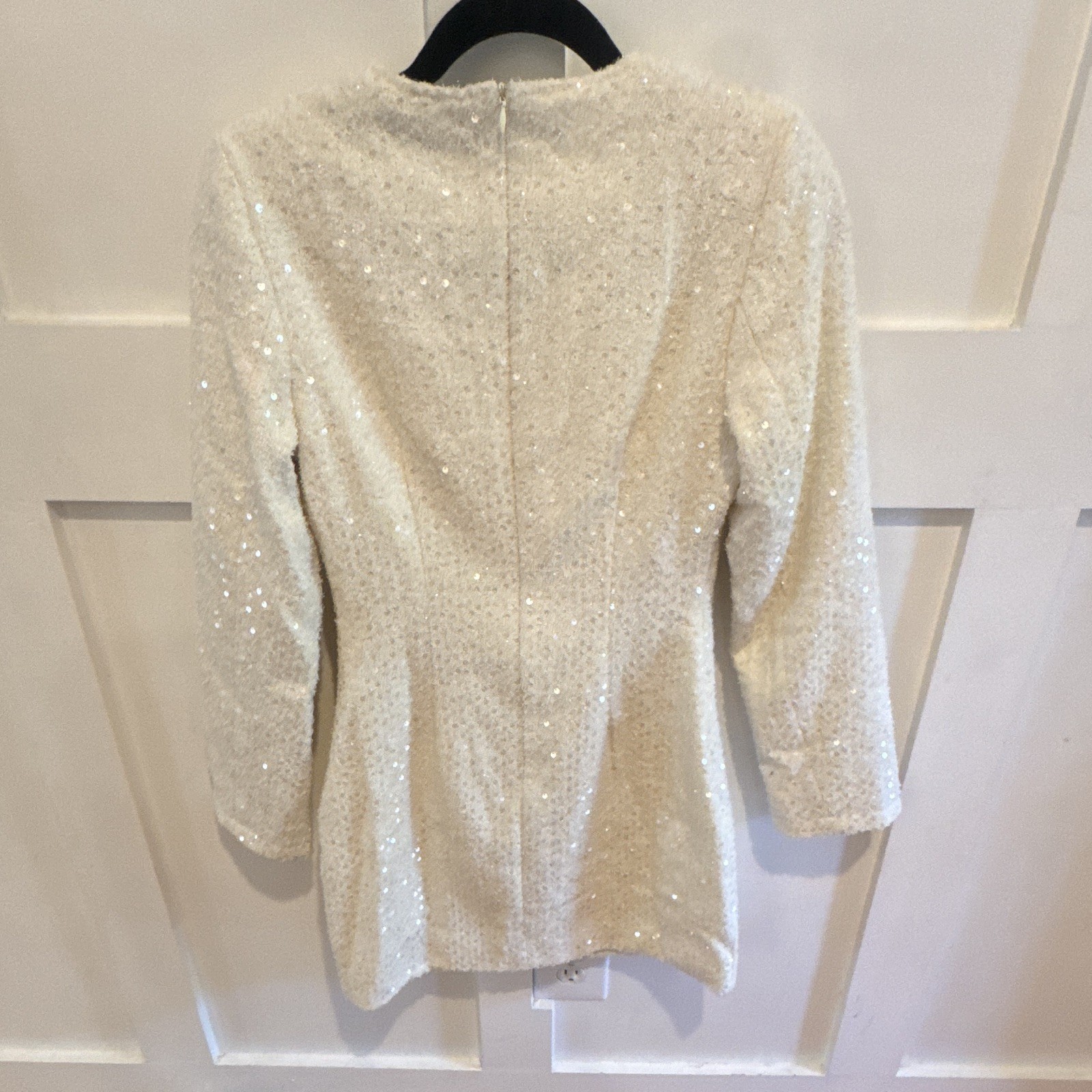 Fore White Sequin Tweed Bow Mini Dress Round Neck Long Sleeve Zip S