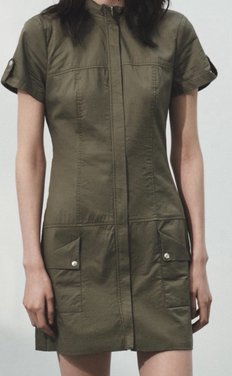 Zara Cotton Green Solid Shift Dress S Collared Zip Front Short Sleeve Pockets