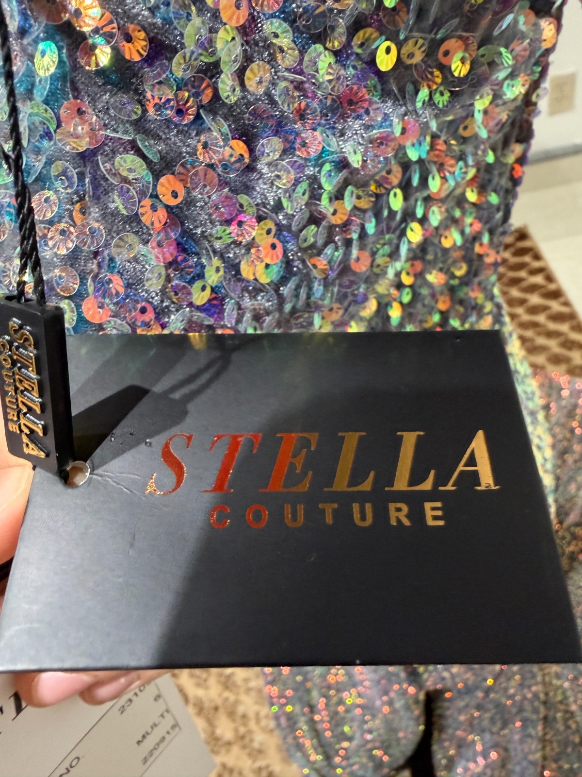 Stella Couture Multicolor Sequin Off Shoulder Mermaid Gown High Slit Train