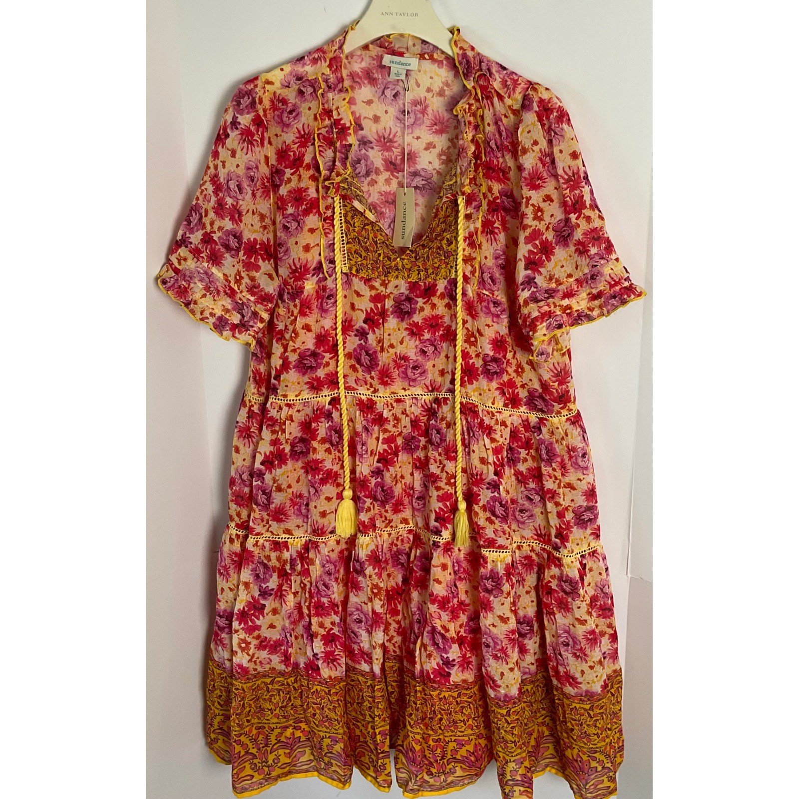 Sundance Floral Tiered Mini Dress Pink Yellow Boho Tassel Cotton L Lined