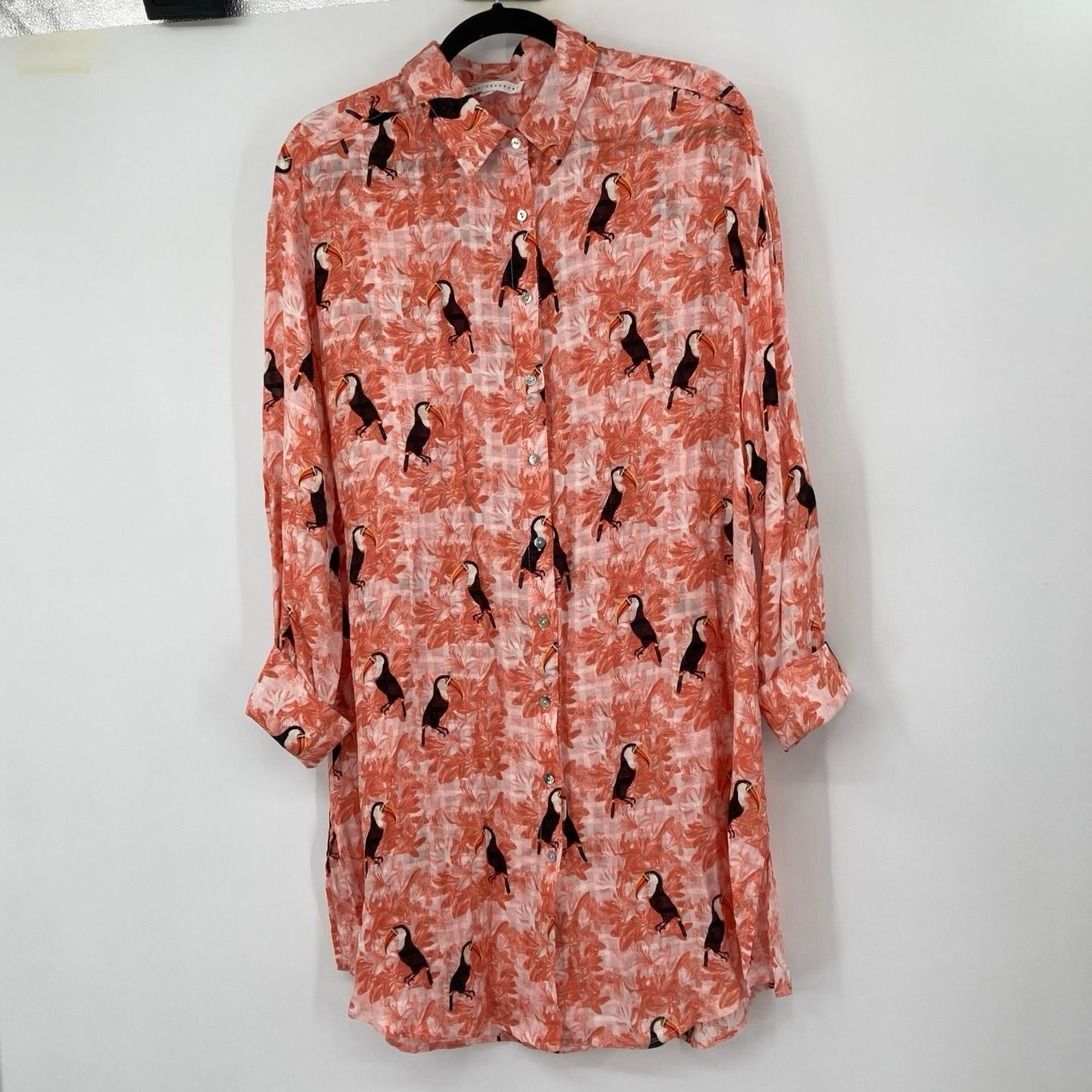 Jane & Delancey Peach Toucan Tropical Gauze Tunic Abalone Button Shirt Dress L