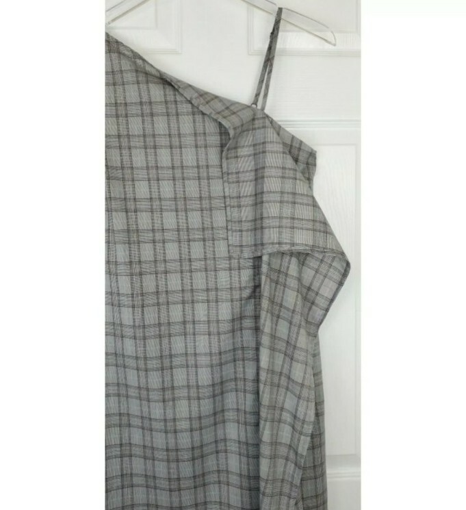 Sugarlips one shoulder side ruffle plaid gingham grey shift dress