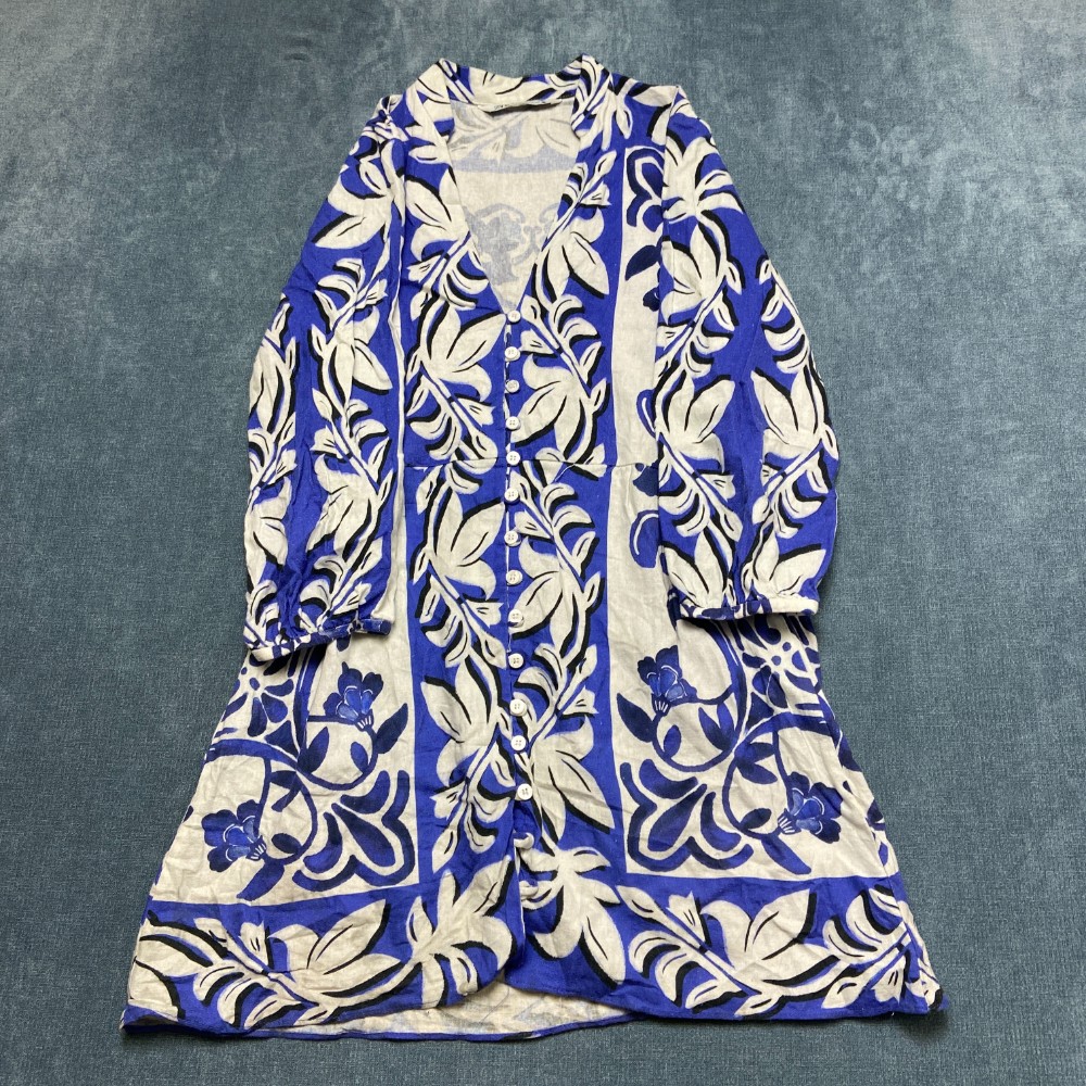Zara Shirt Dress Women Small Blue White Floral Henley Neck Regular Fit Button Up