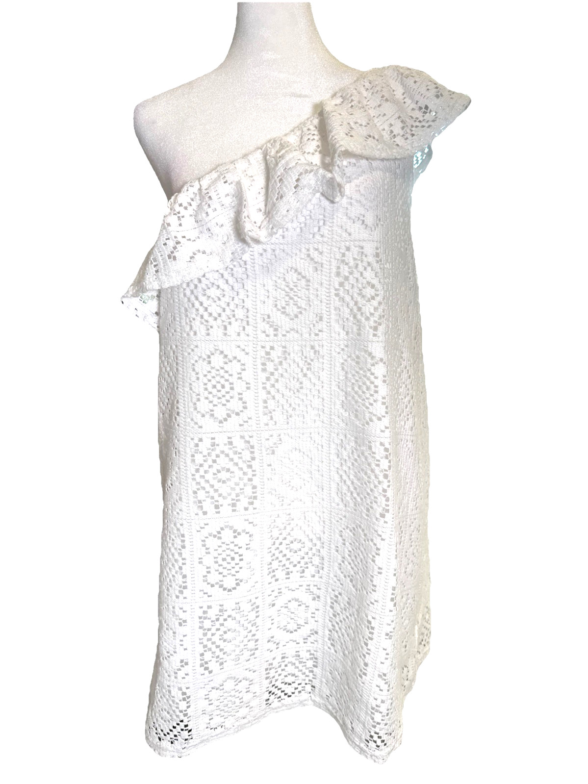 Pink Lily White One Shoulder Ruffle Crochet Lace Mini Dress Sz M Coquette Resort