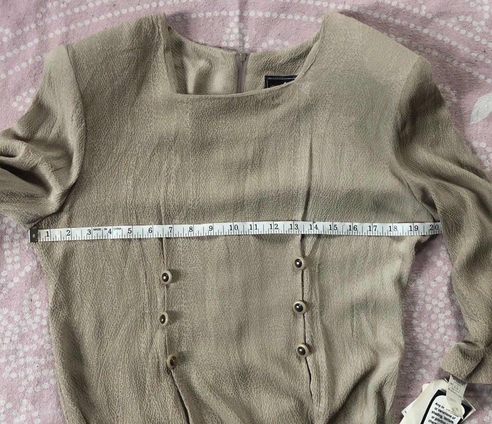 Vtg Impulsive Sand Beige Crepe Long Slv Dress Buttons Shoulder Pads Lux Coastal