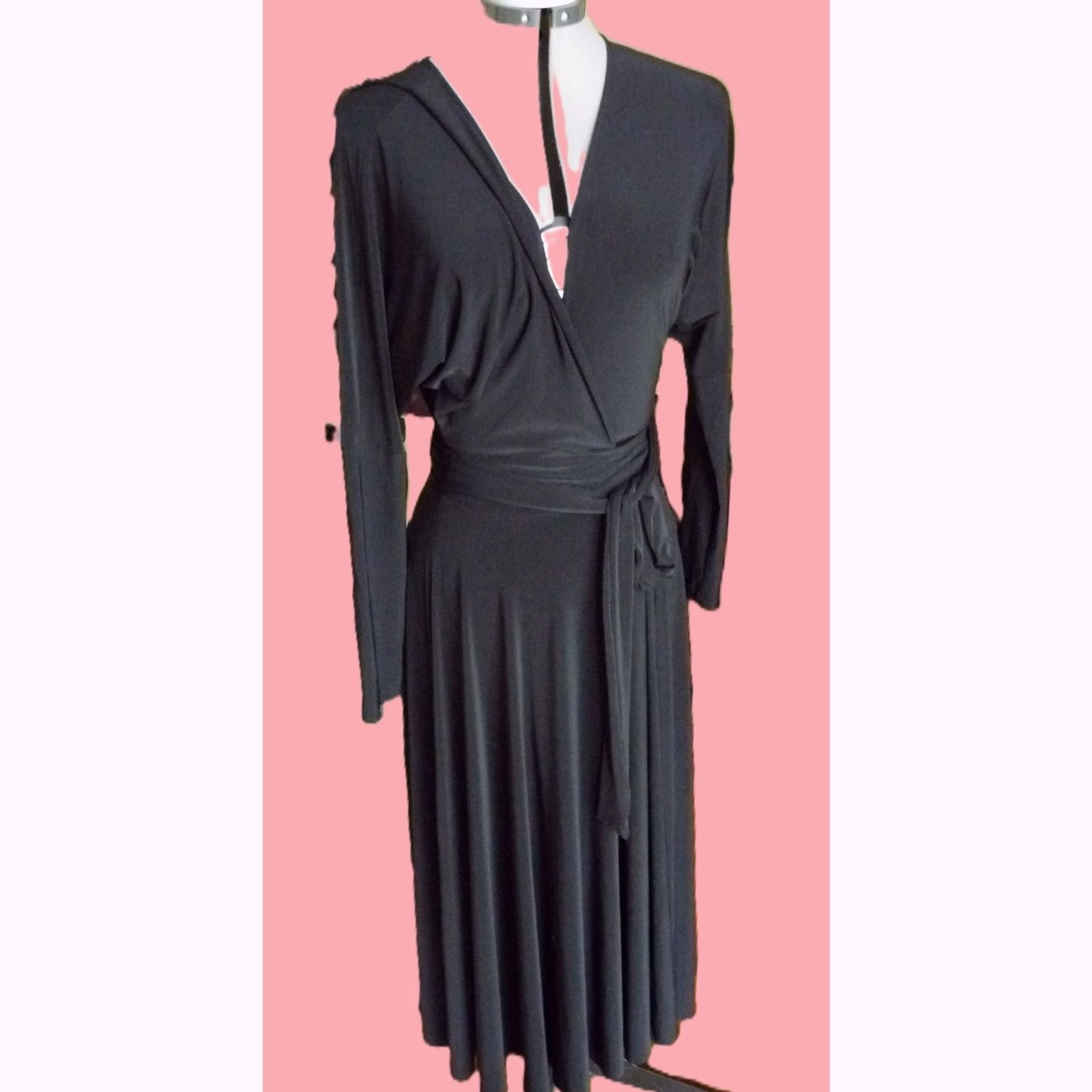 Kamalikulture Black Smooth Fluid Knit True Wrap Midi Dress Full Circle Skirt S