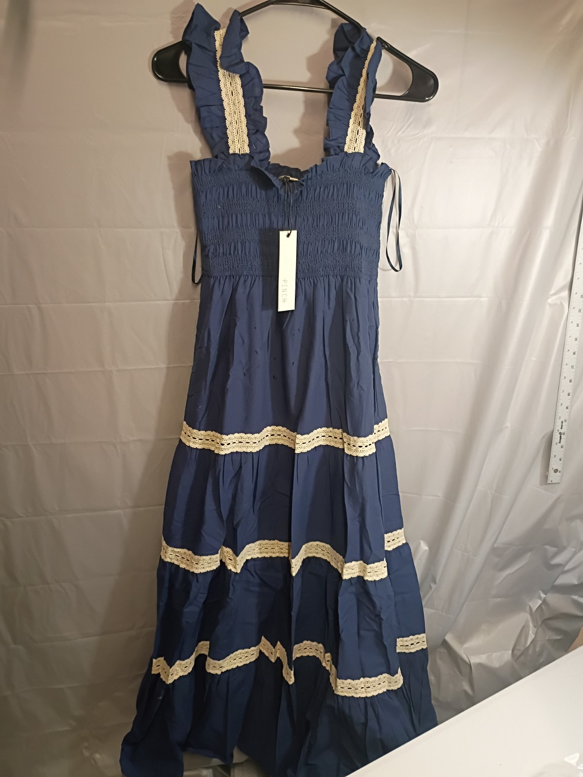 Pinch Smocked Navy Blue Dress Size L P2P 13 Inches Length 44 /0398