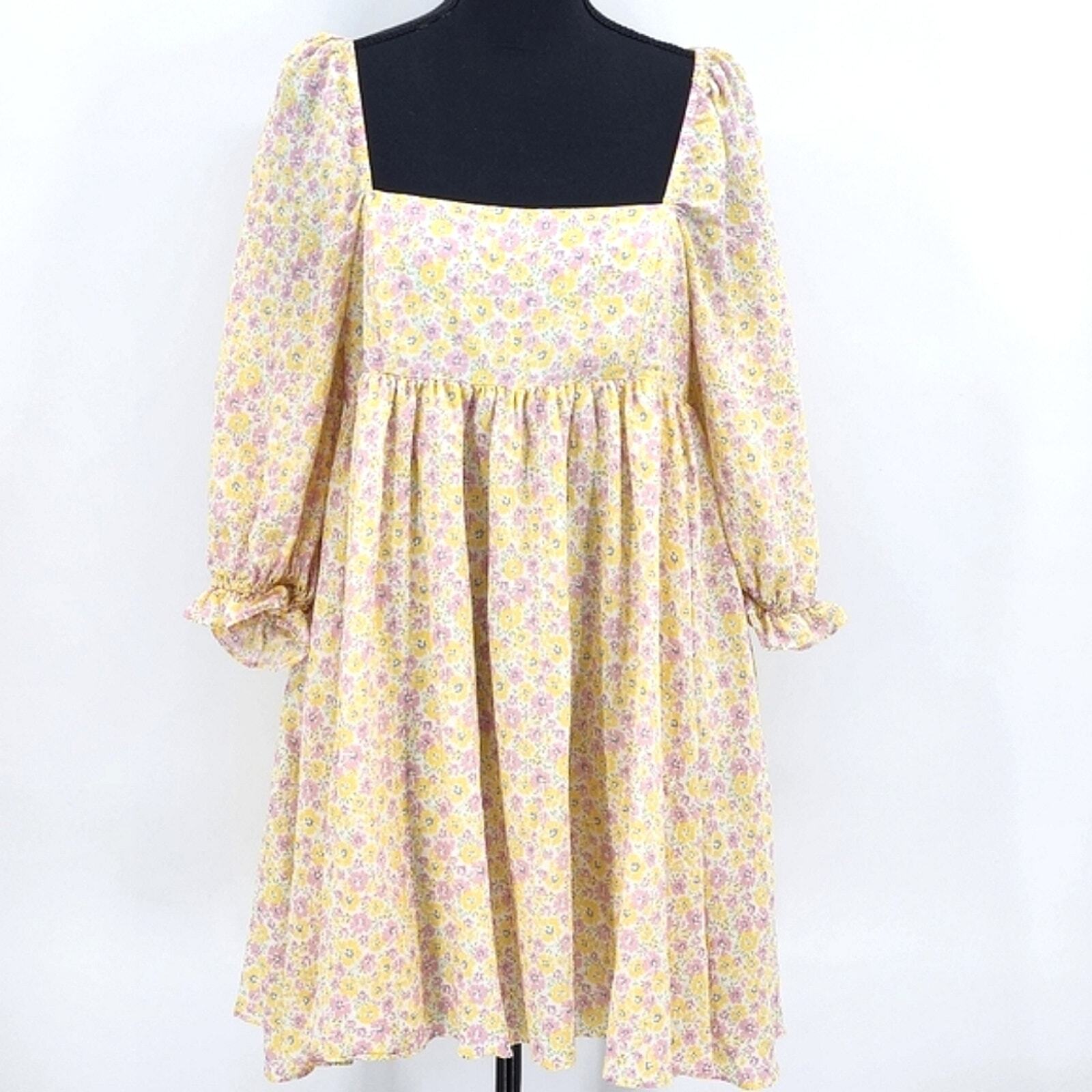 Storia Babydoll Mini Dress Size Large White Pink Yellow Floral Puffy Sleeves