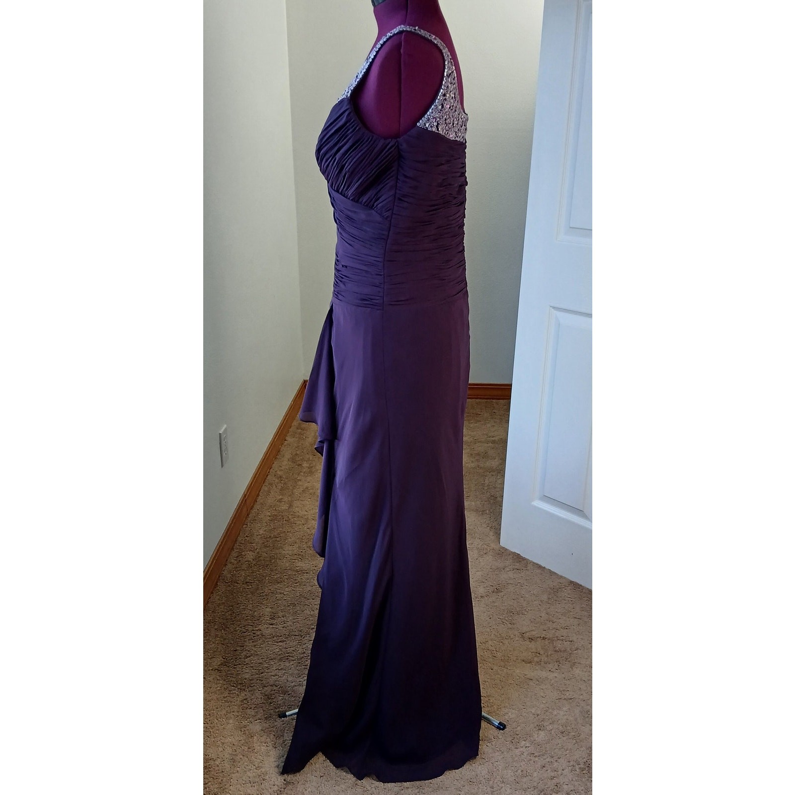 La Perle Aubergine Beaded Sweetheart Maxi Gown 16 slight train leg slit formal