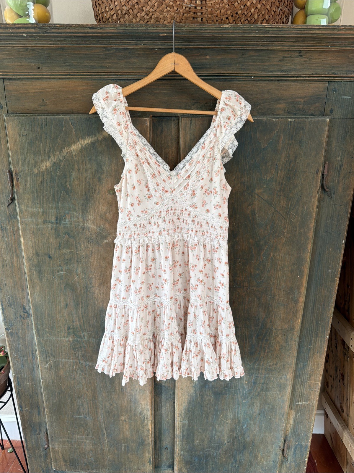 Sky to Moon Cotton Floral Mini Dress L Country Boho Ruffle Lace SunDress