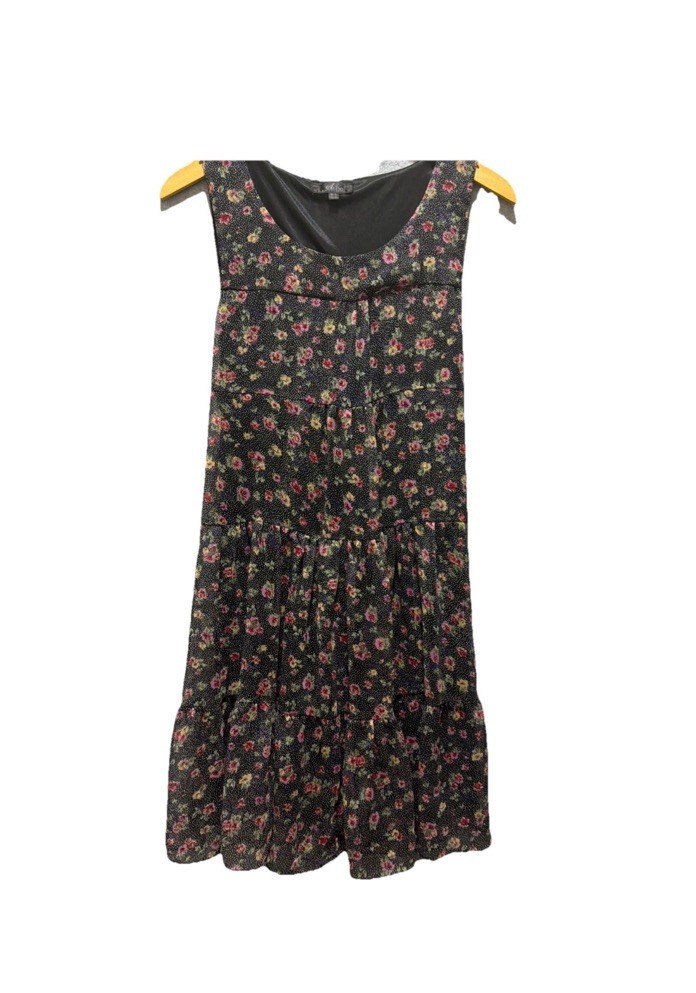 An’ge Paris Tired Sleeveless Sheer Lined Mini Dress Black Floral Dotted Ruffle M