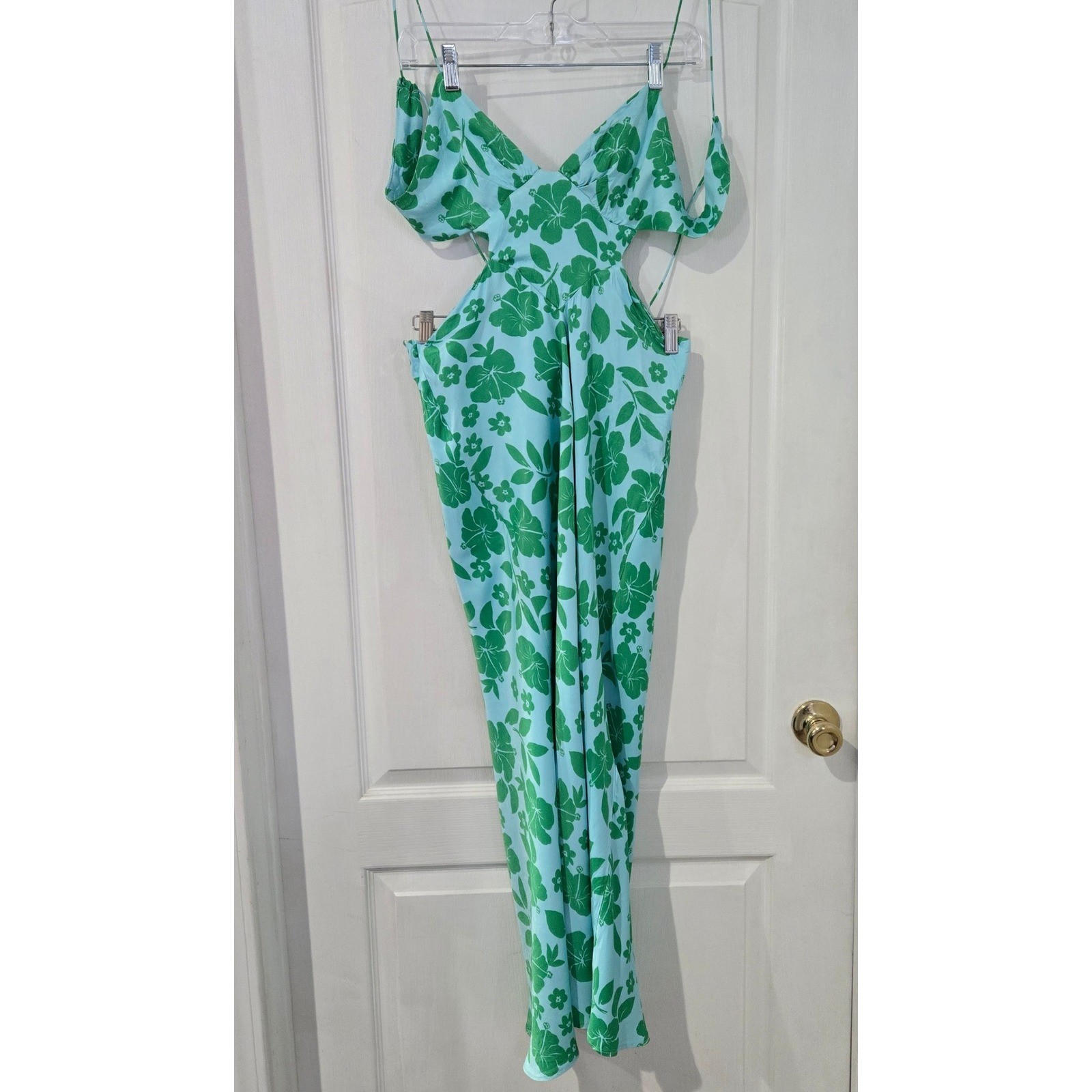 Zara Cut Out Midi Dress Womens Large Blue Green Floral Tropical Hibiscus