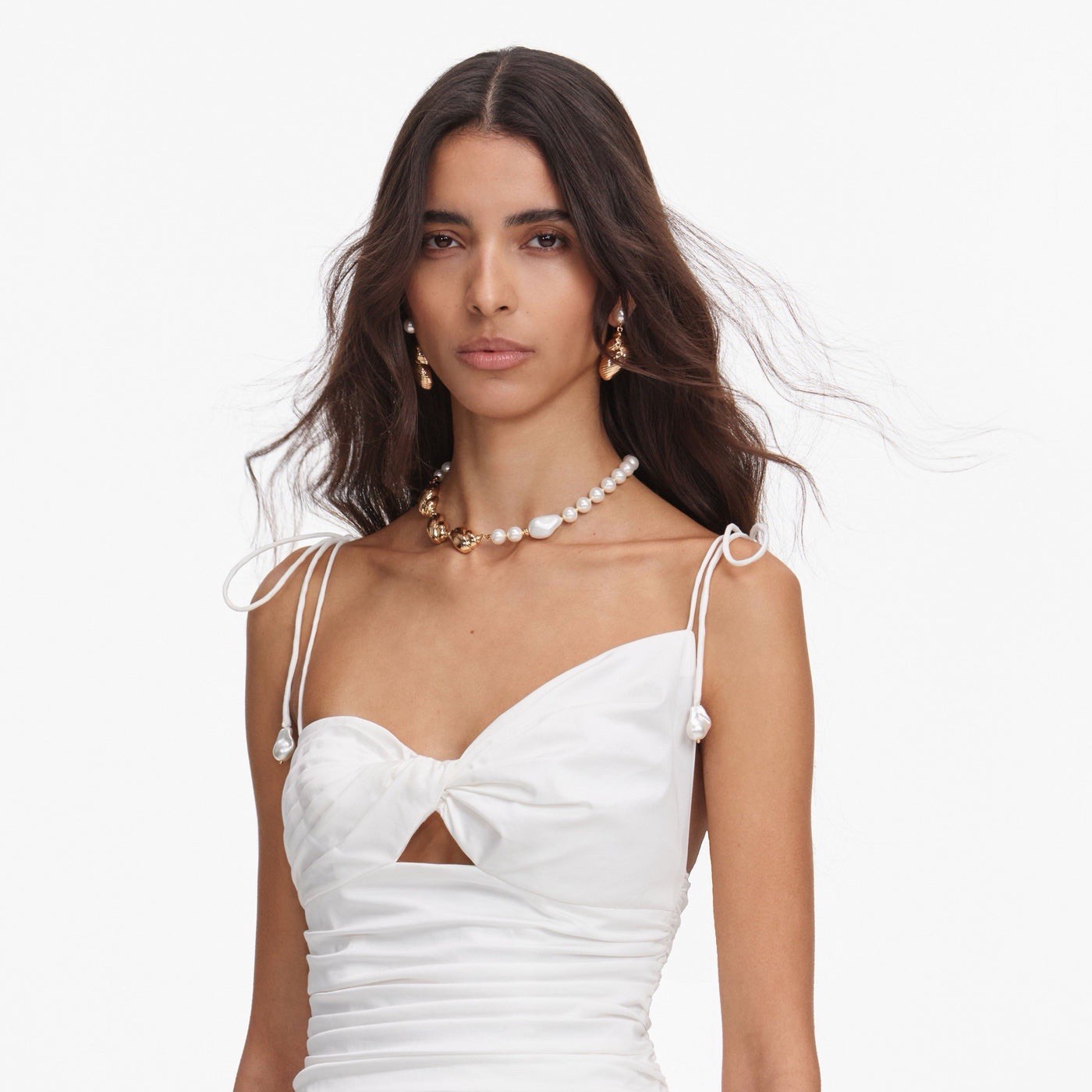 Self Portrait WHITE COTTON GATHERED MIDI DRESS