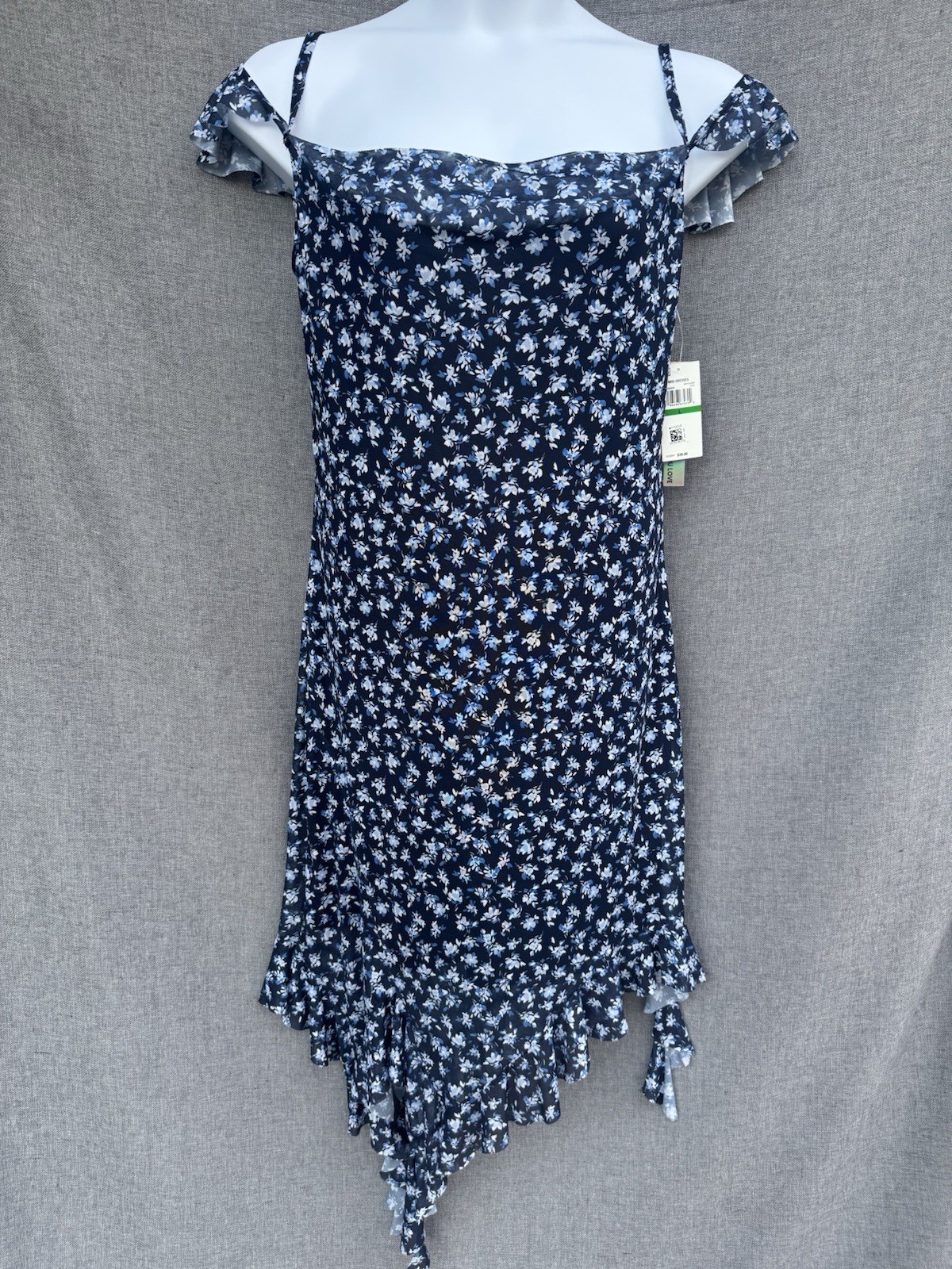 NWT Tinsel Town Blue Floral Coquette Midi Dress L Cottagecore Asymmetrical